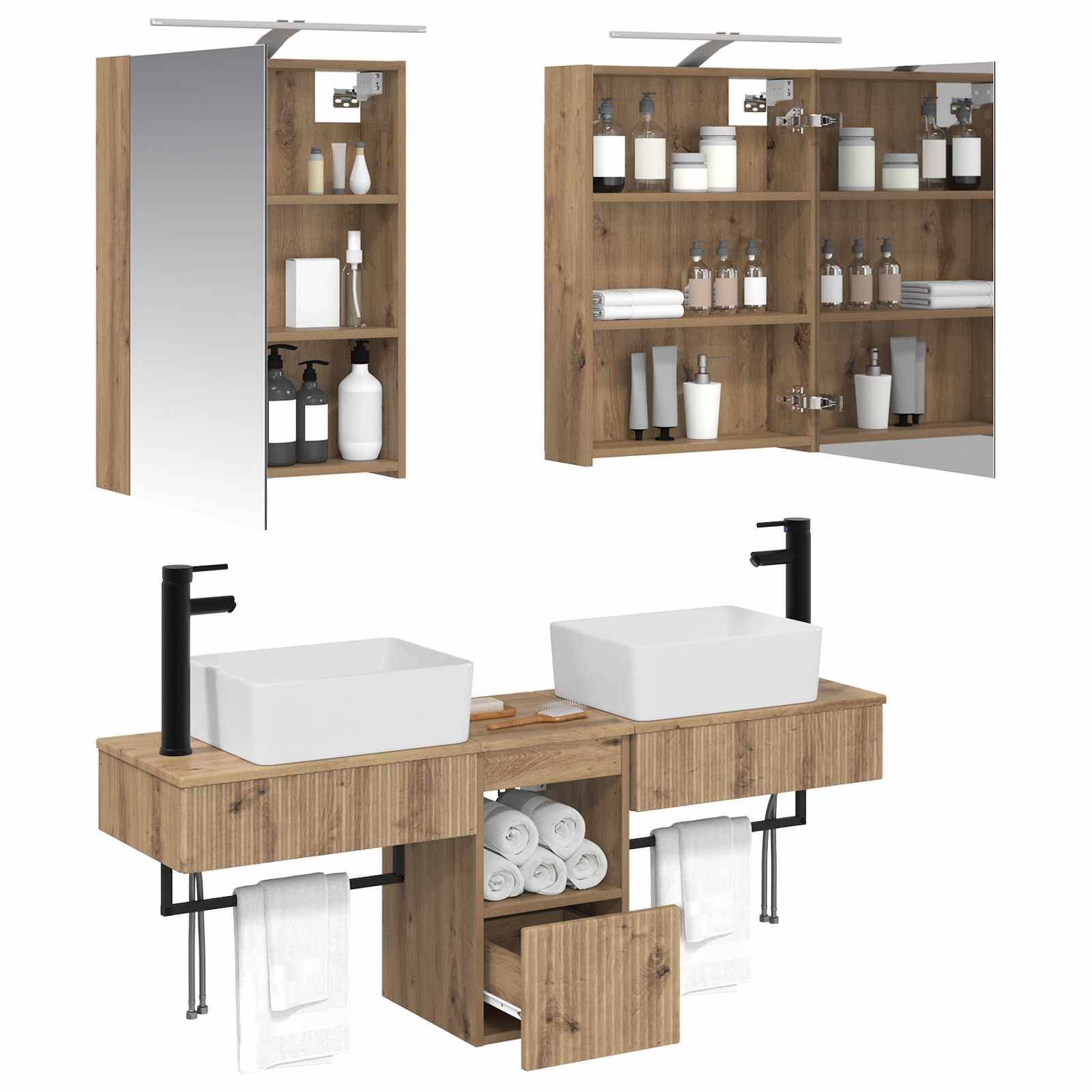 Holz-Badezimmermöbel-Set mit zwei Aufsatzwaschbecken, schwarzen Armaturen, zentraler Schublade, Handtuchstangen und passenden verspiegelten Schränken mit Regalen.