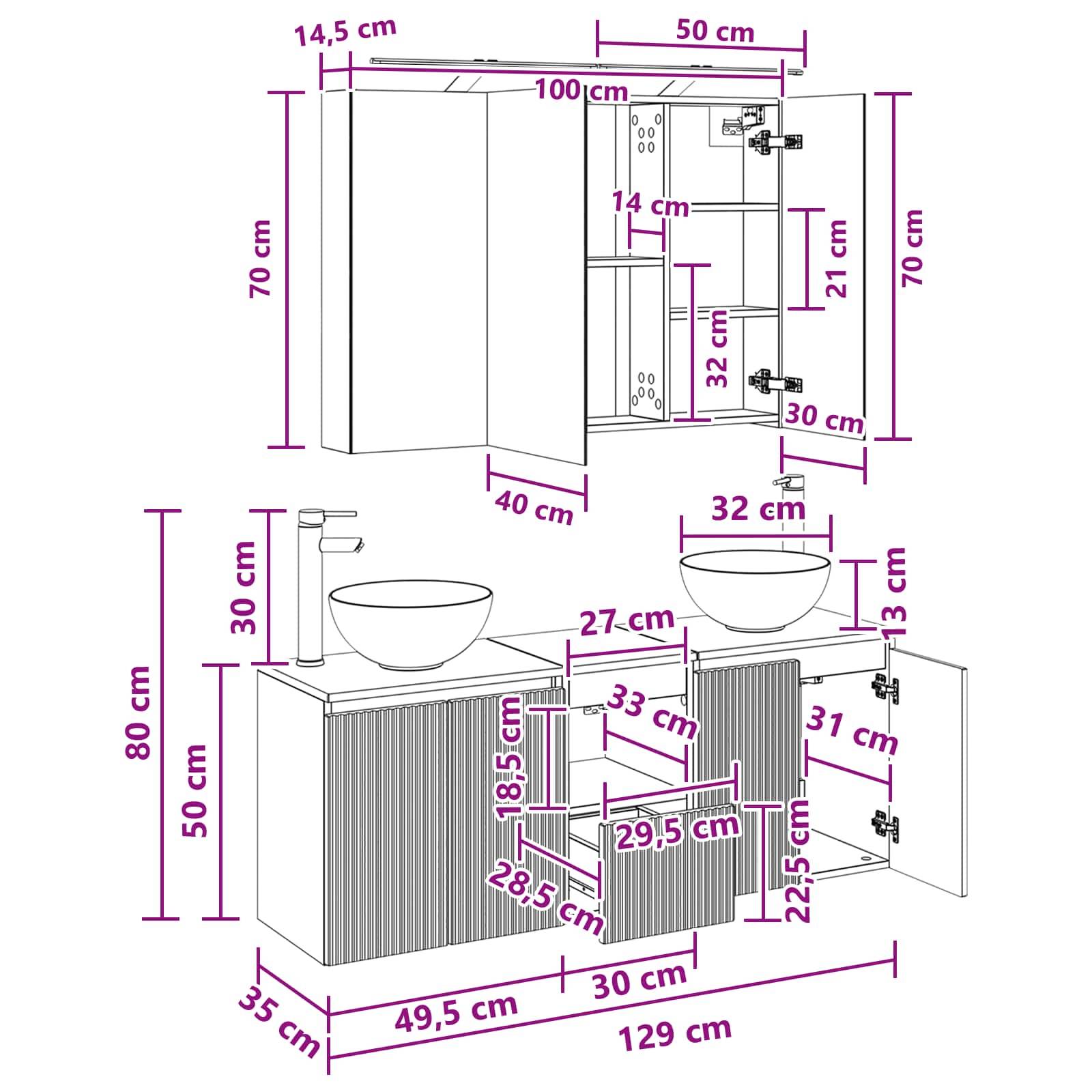 vidaXL Badezimmerschrank-Set 4 pcs Weiß 100 x 14,5 x 70 cm