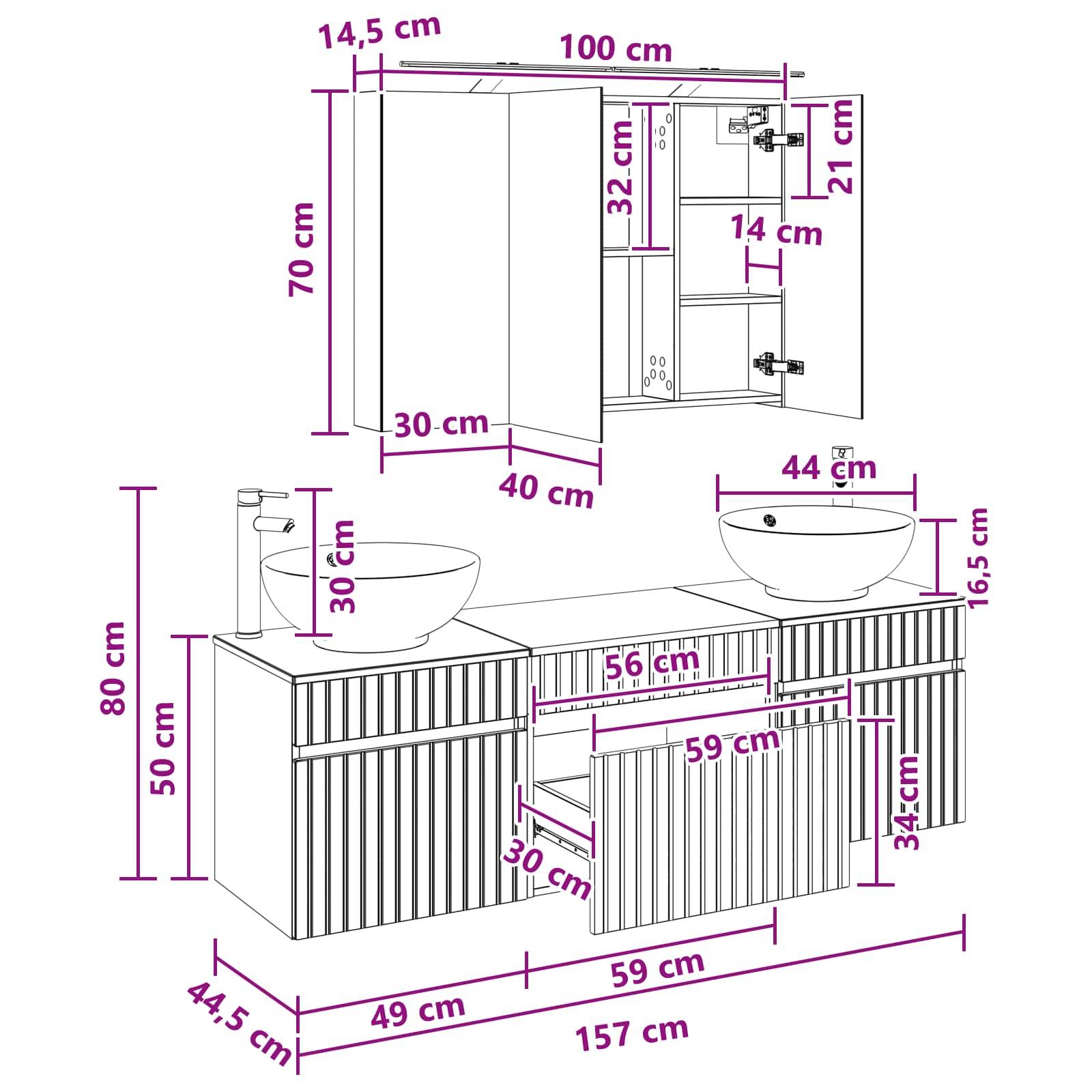 vidaXL Badezimmerschrank-Set 4 pcs Grau Sonoma 100 x 14,5 x 70 cm