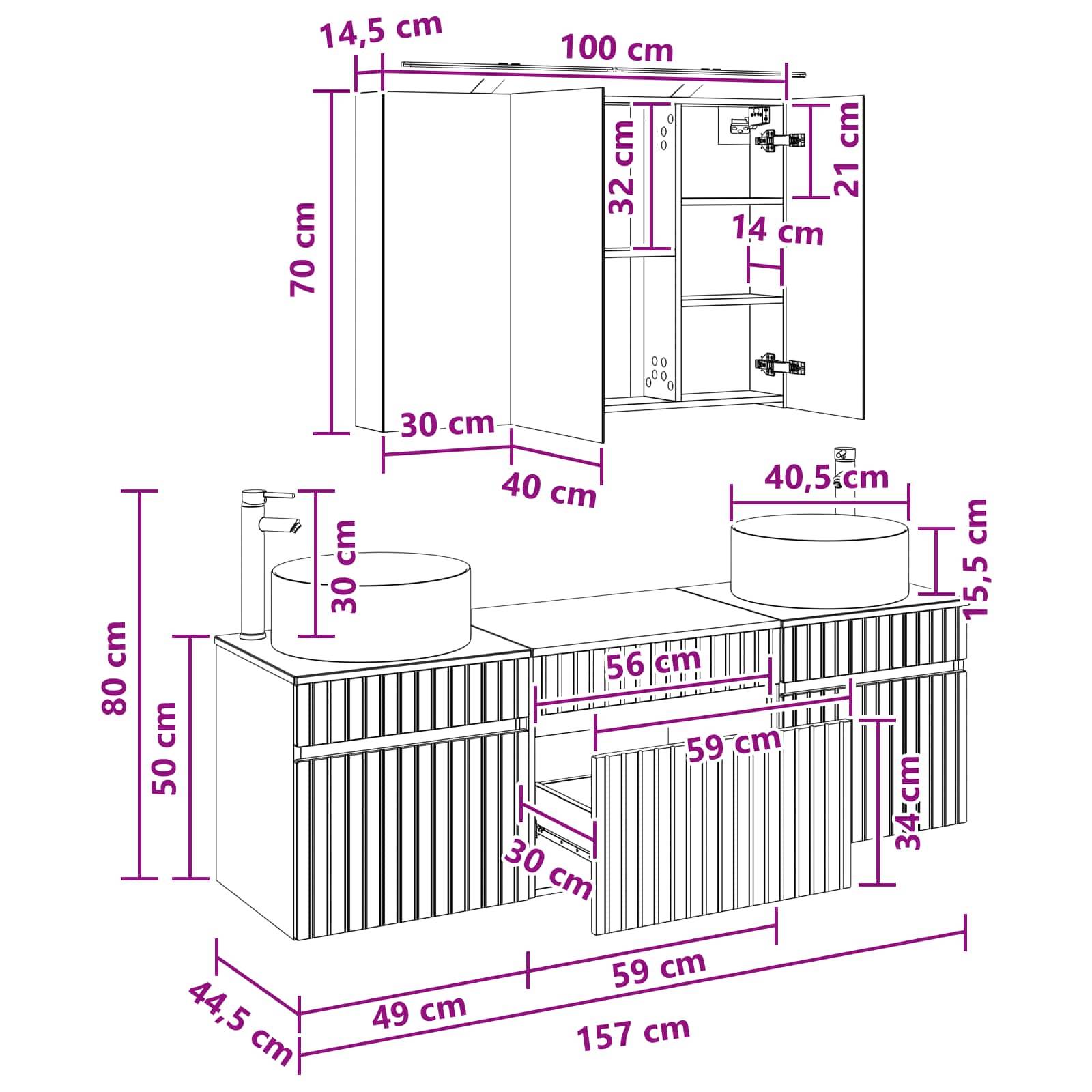 vidaXL Badezimmerschrank-Set 4 pcs Grau Sonoma 100 x 14,5 x 70 cm
