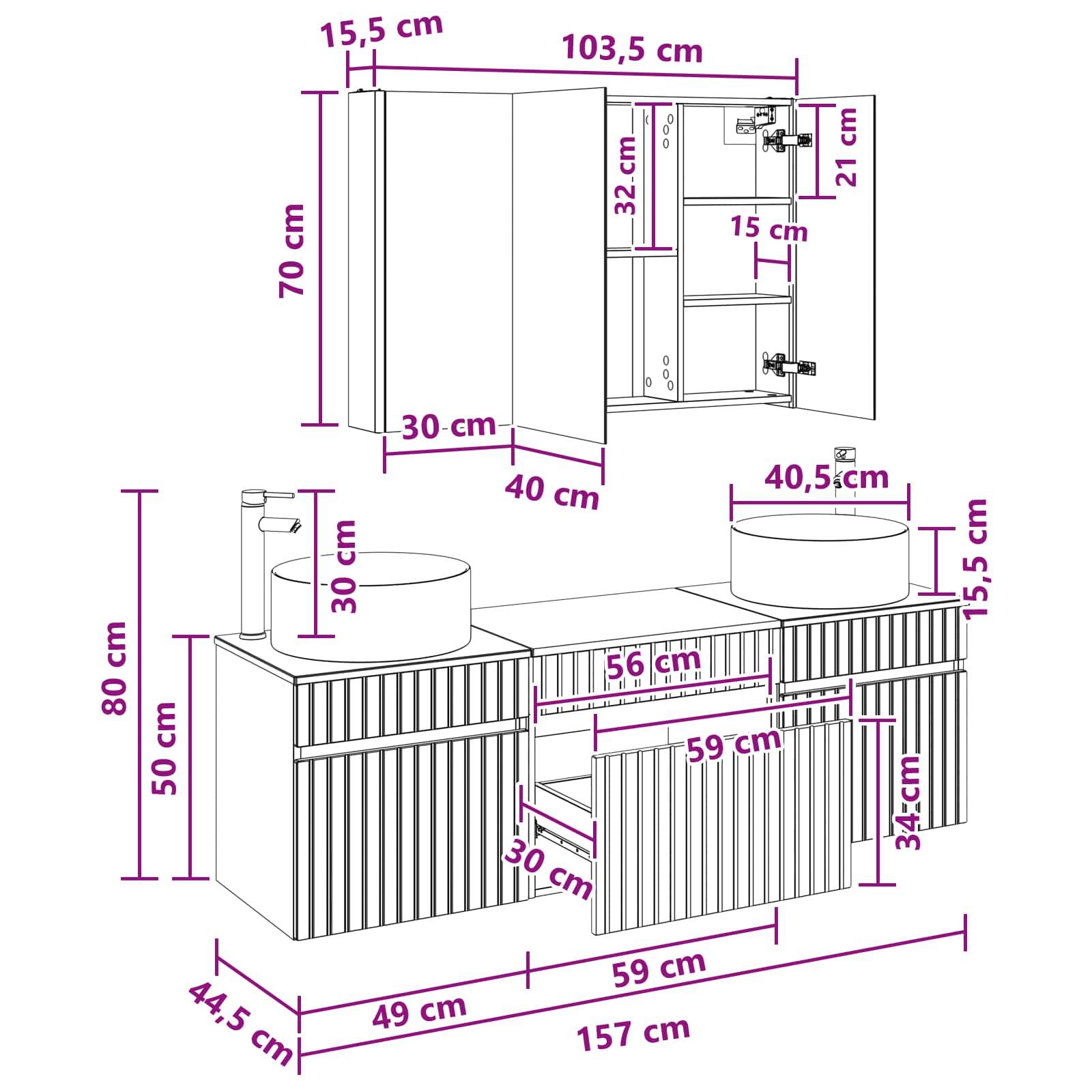 vidaXL Badezimmerschrank-Set 4 pcs Betongrau 103,5 x 15,5 x 70 cm