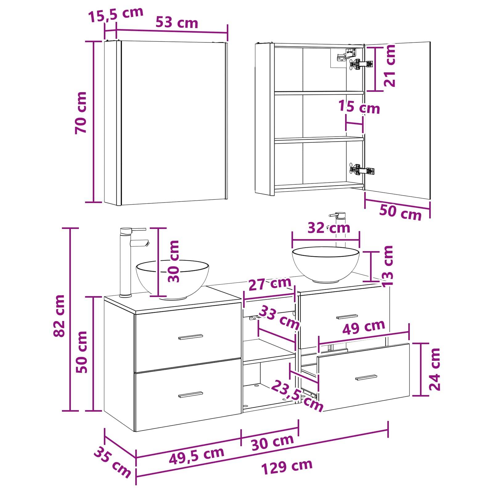 vidaXL Badezimmerschrank-Set 5 pcs Betongrau 53 x 15,5 x 70 cm