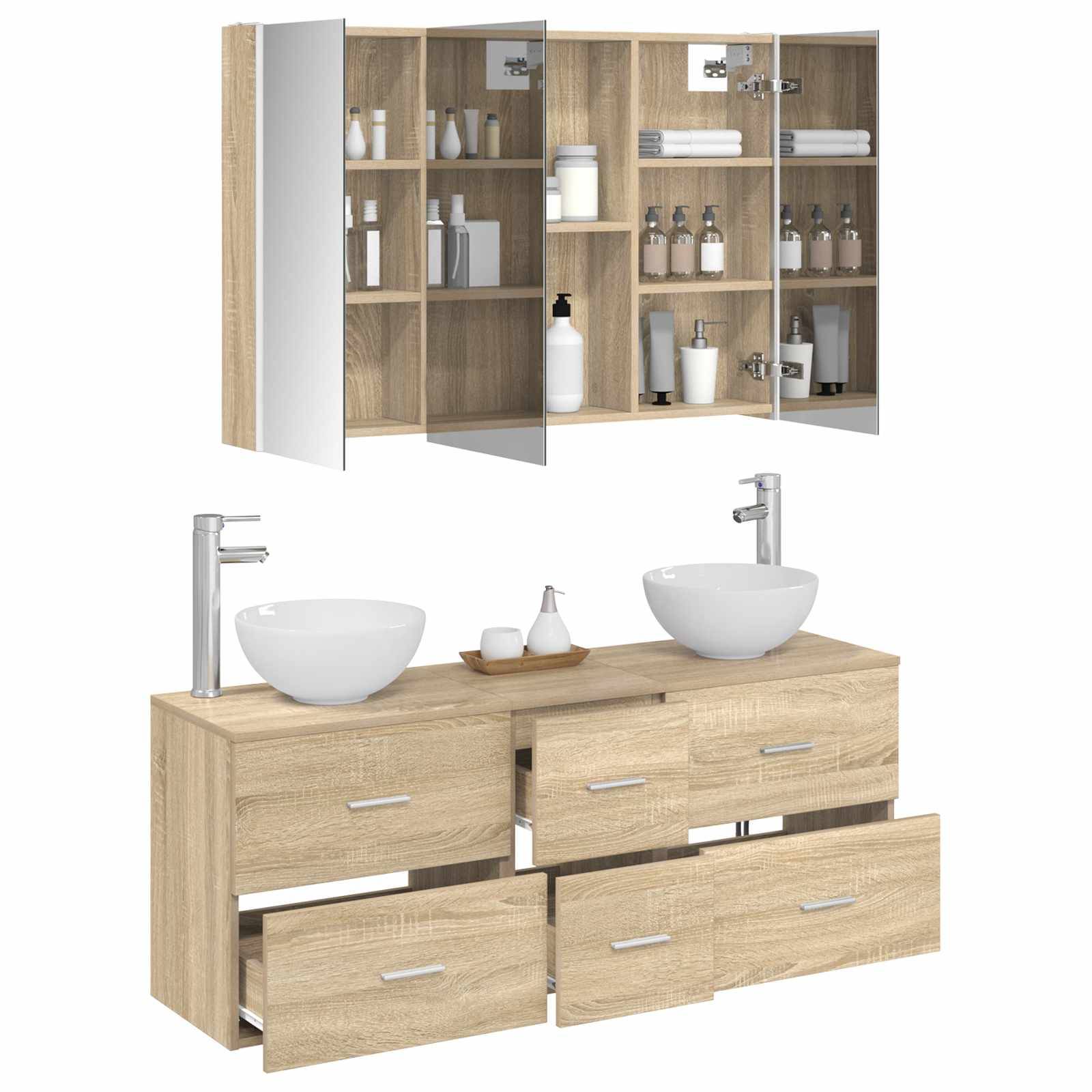 vidaXL Badezimmermöbel-Set 4 pcs Sonoma-Eiche Ingenieurholz und Glas
