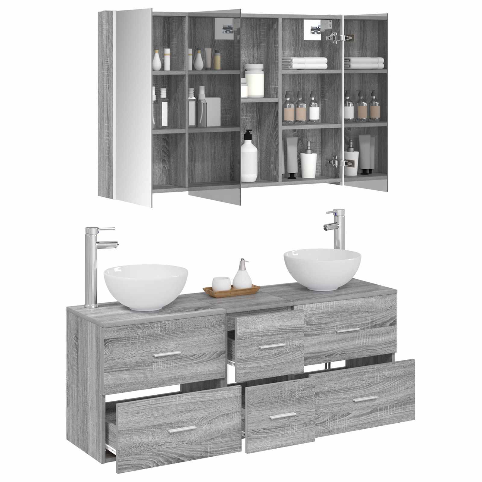 vidaXL Badezimmermöbel-Set 4 pcs Grau Sonoma Ingenieurholz und Glas