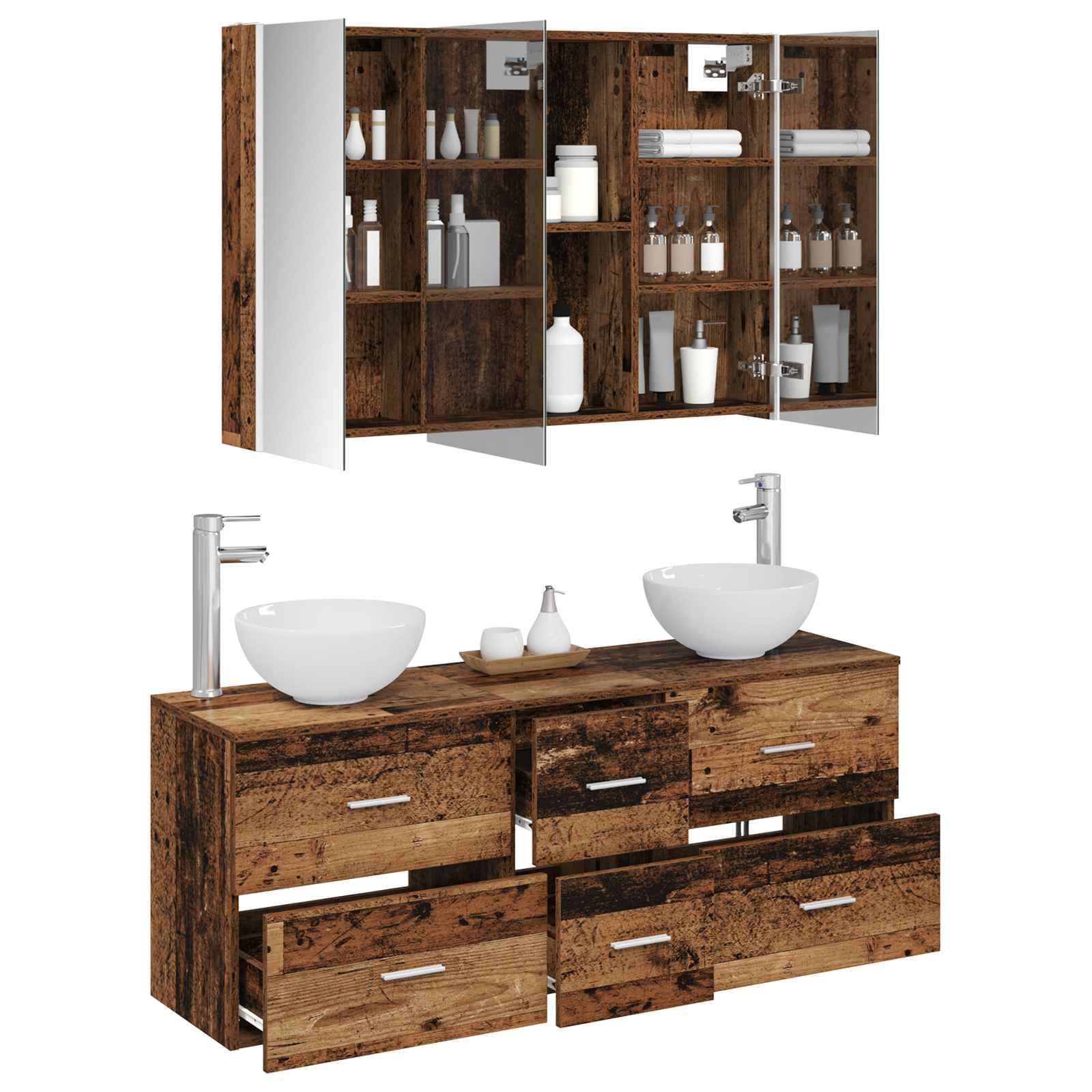 vidaXL Badezimmermöbel-Set 4 pcs Altholz Ingenieurholz und Glas