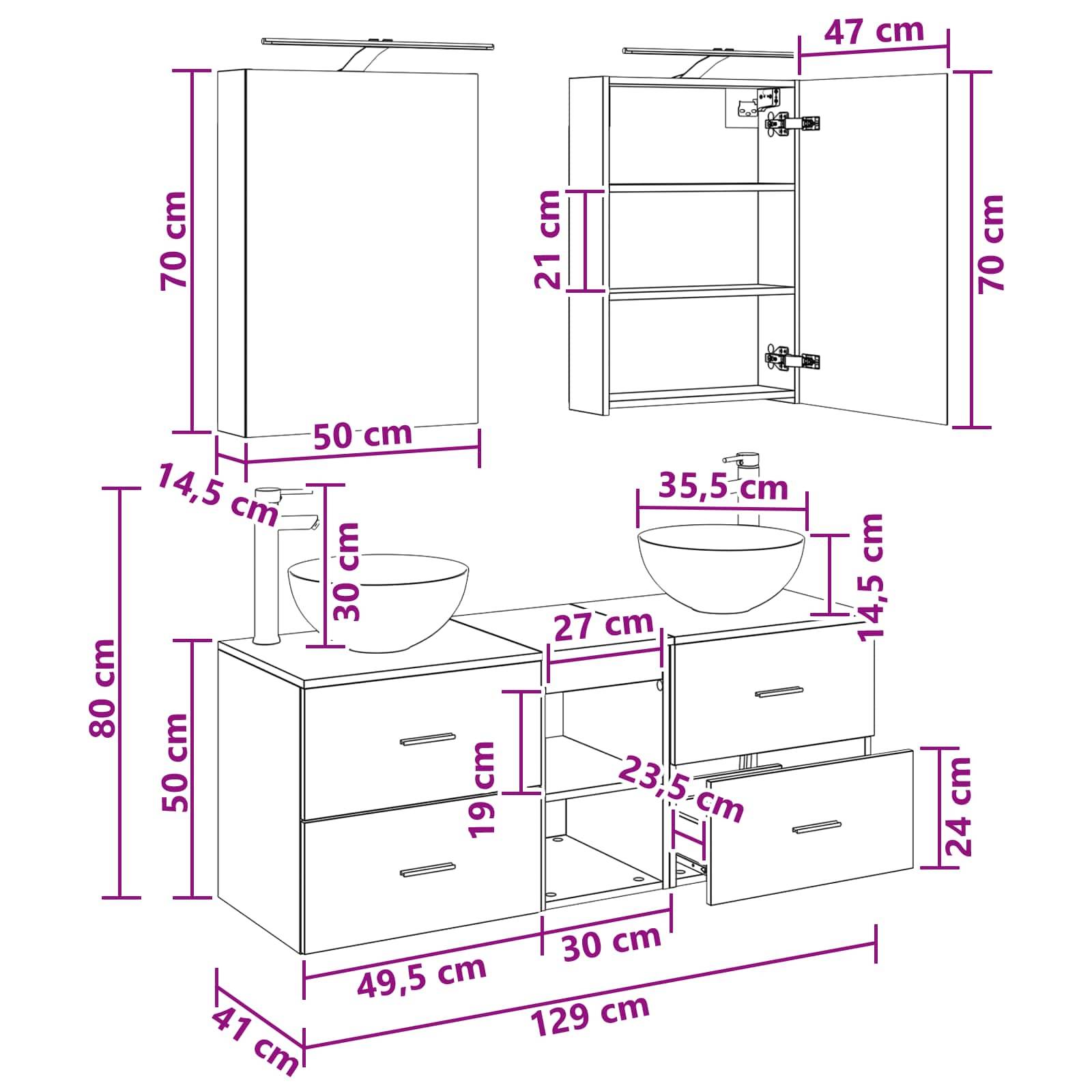 vidaXL Badezimmermöbel-Set 5 pcs Grau Sonoma Ingenieurholz und Glas