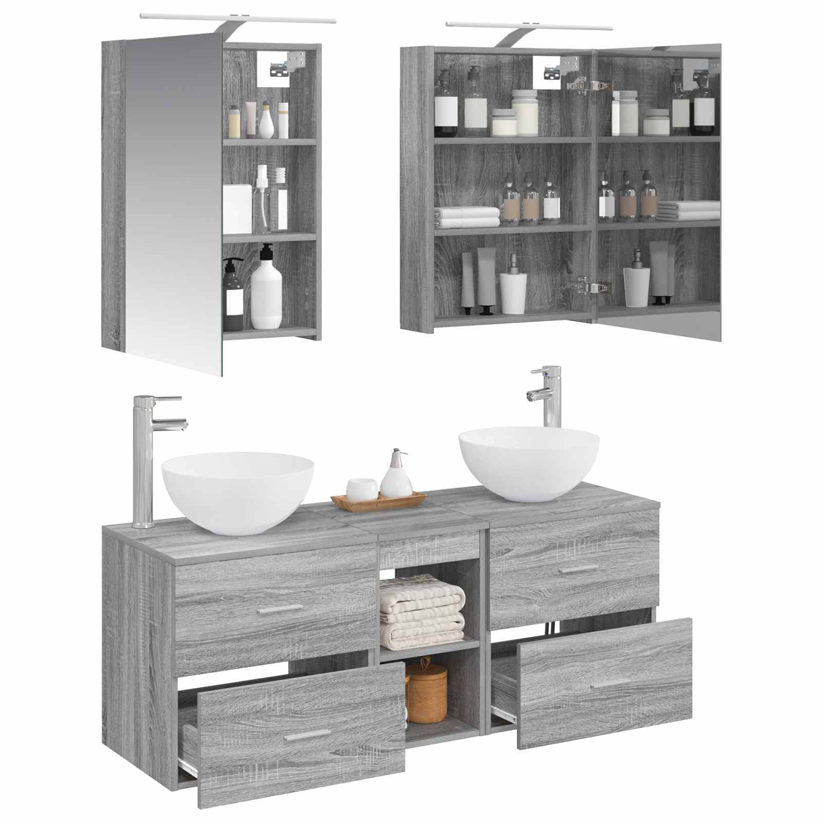 vidaXL Badezimmermöbel-Set 5 pcs Grau Sonoma Ingenieurholz und Glas