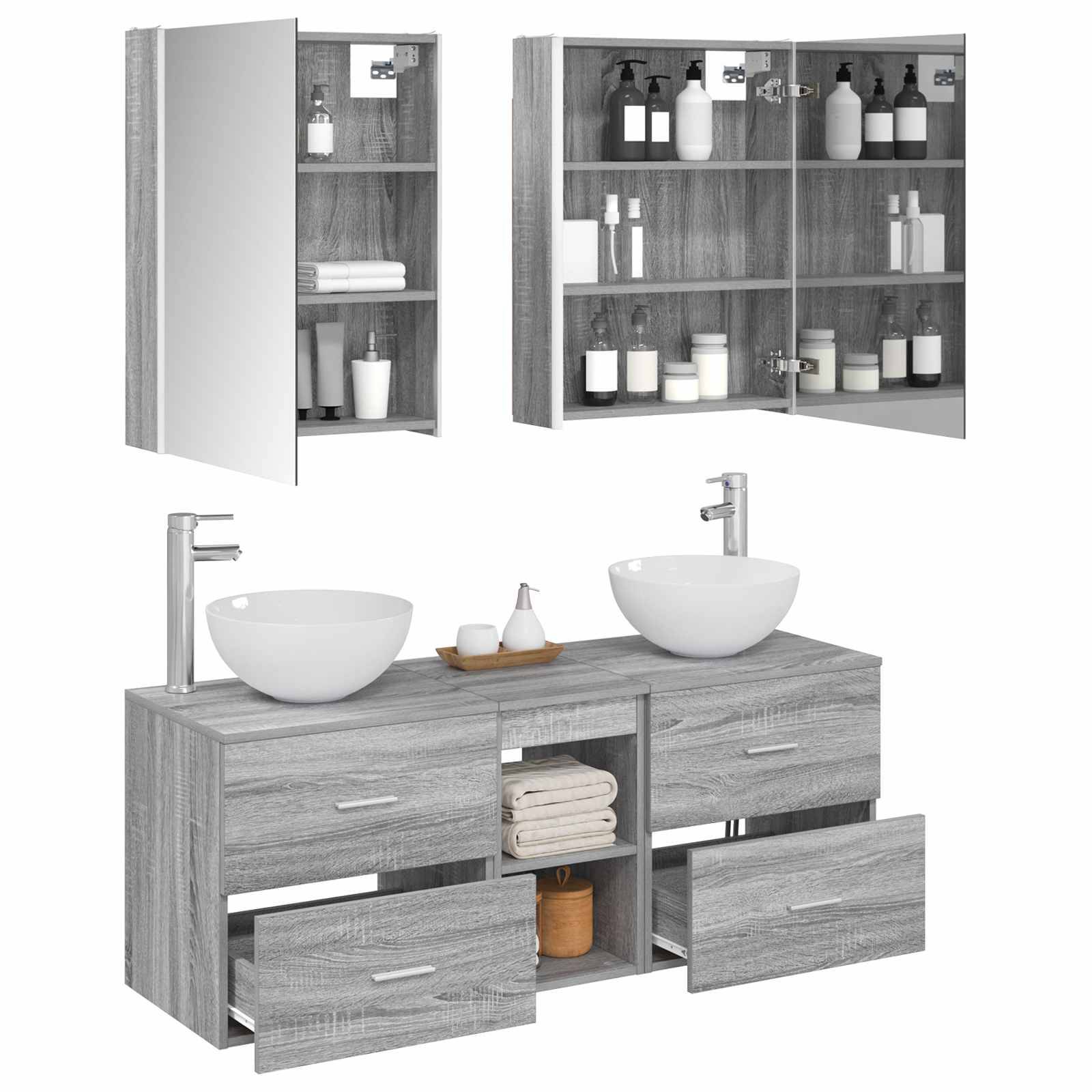 vidaXL Badezimmermöbel-Set 5 pcs Grau Sonoma Ingenieurholz und Glas