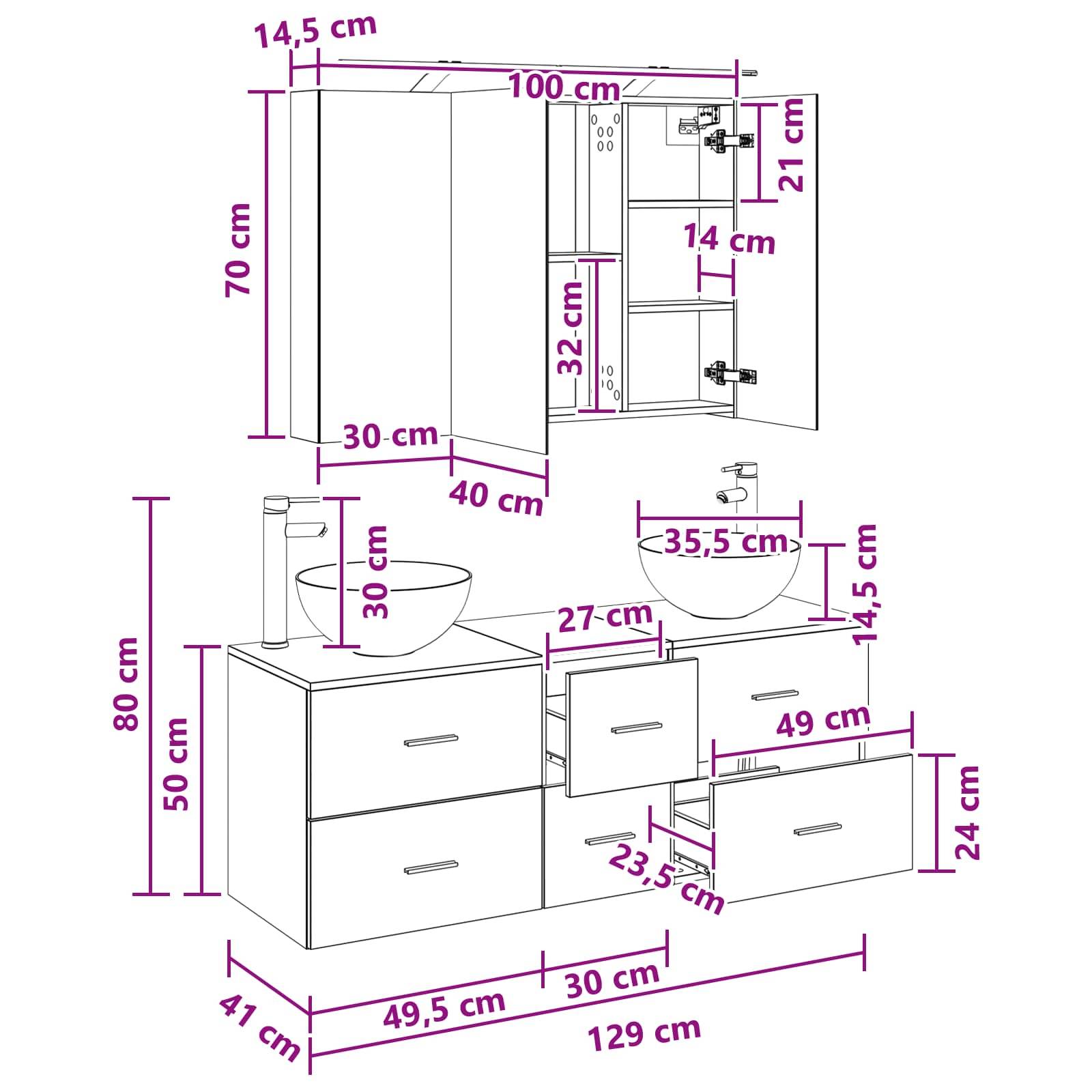 vidaXL Badezimmermöbel-Set 4 pcs Weiß Ingenieurholz und Glas