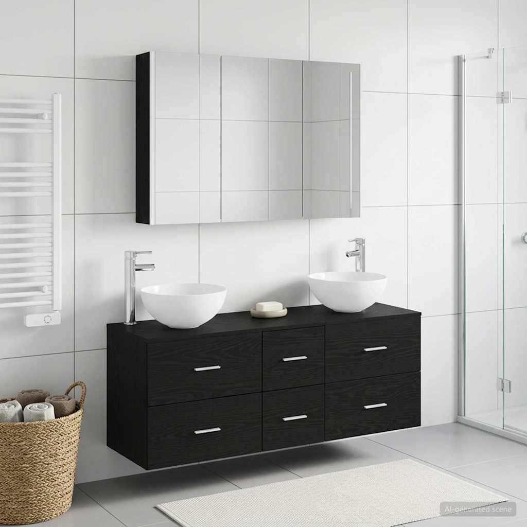 vidaXL Badezimmermöbel-Set 4 pcs Schwarze Eiche Ingenieurholz und Glas