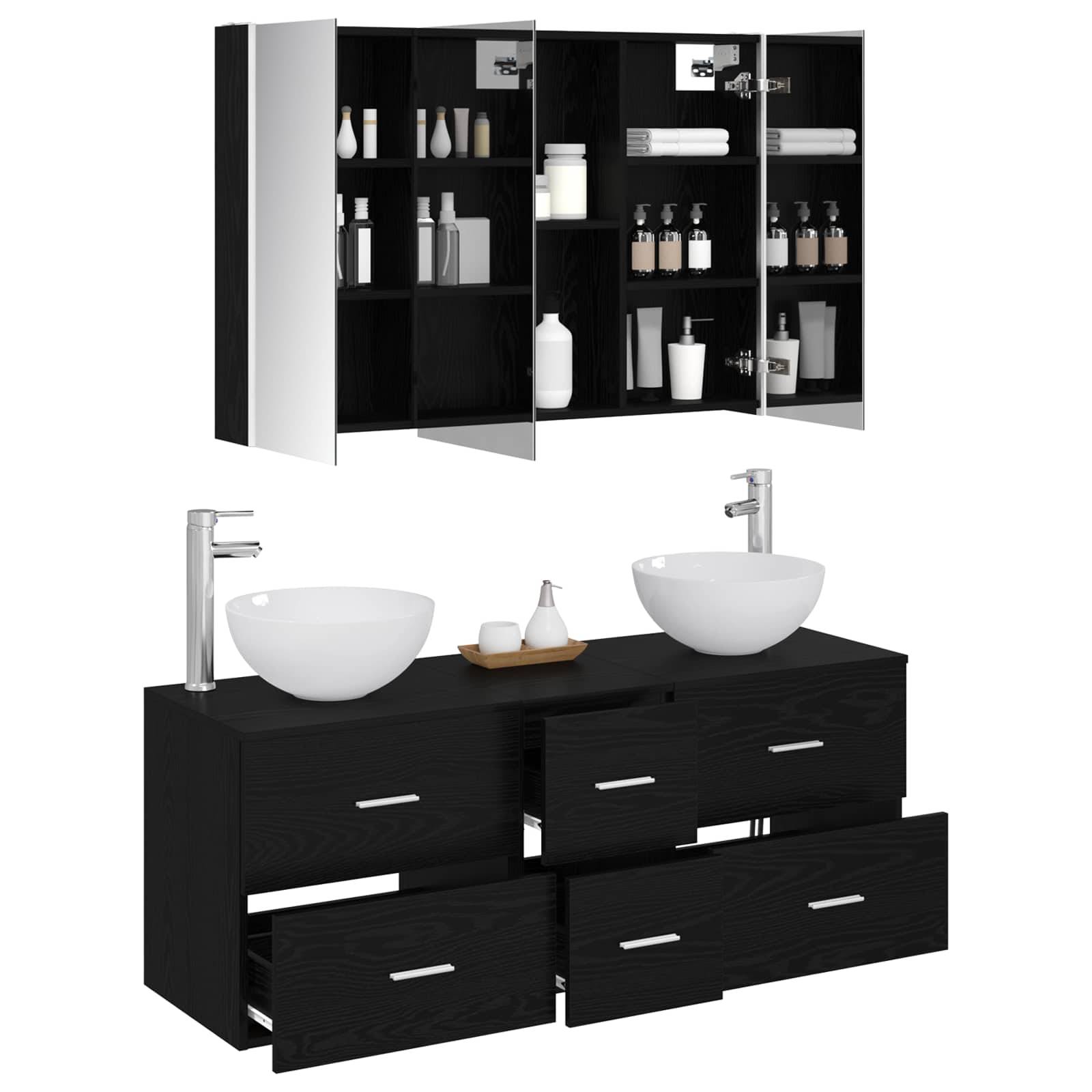 vidaXL Badezimmermöbel-Set 4 pcs Schwarze Eiche Ingenieurholz und Glas