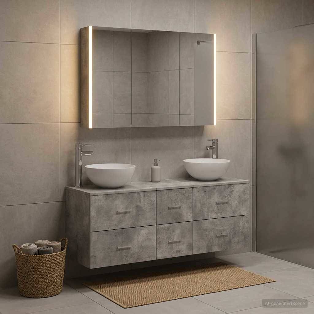 vidaXL Badezimmermöbel-Set 4 pcs Betongrau Ingenieurholz und Glas