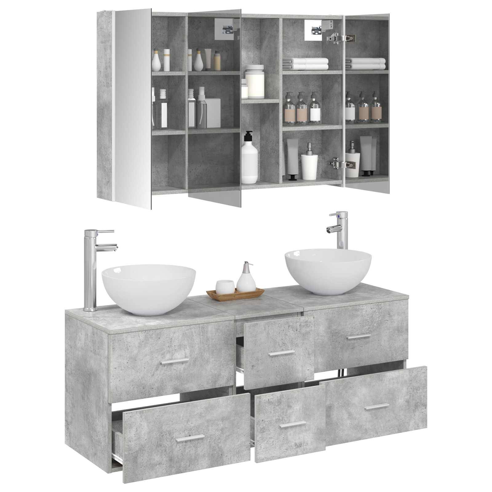 vidaXL Badezimmermöbel-Set 4 pcs Betongrau Ingenieurholz und Glas