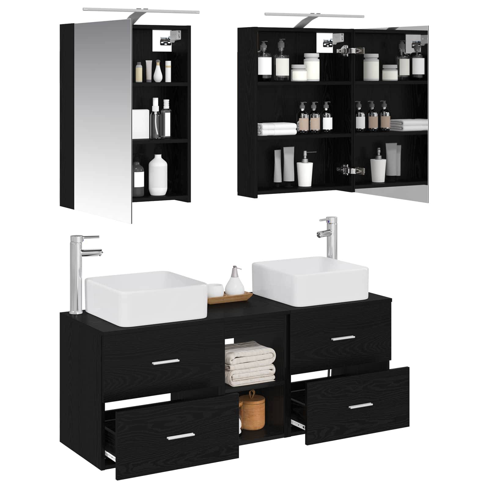 vidaXL Badezimmermöbel-Set 5 pcs Schwarze Eiche Ingenieurholz und Glas