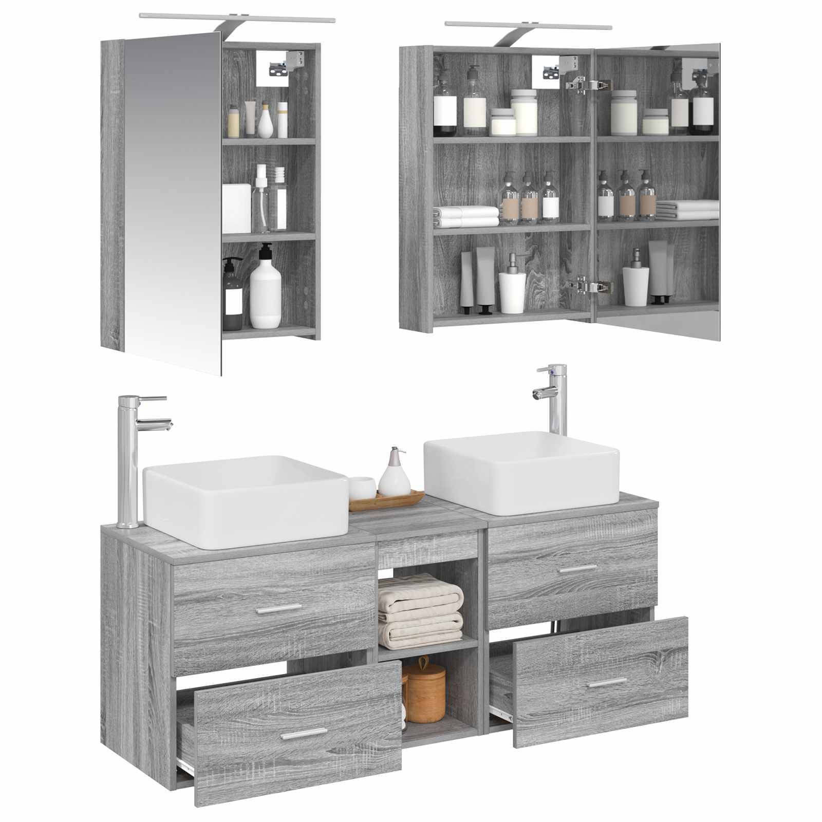 vidaXL Badezimmermöbel-Set 5 pcs Grau Sonoma Ingenieurholz und Glas