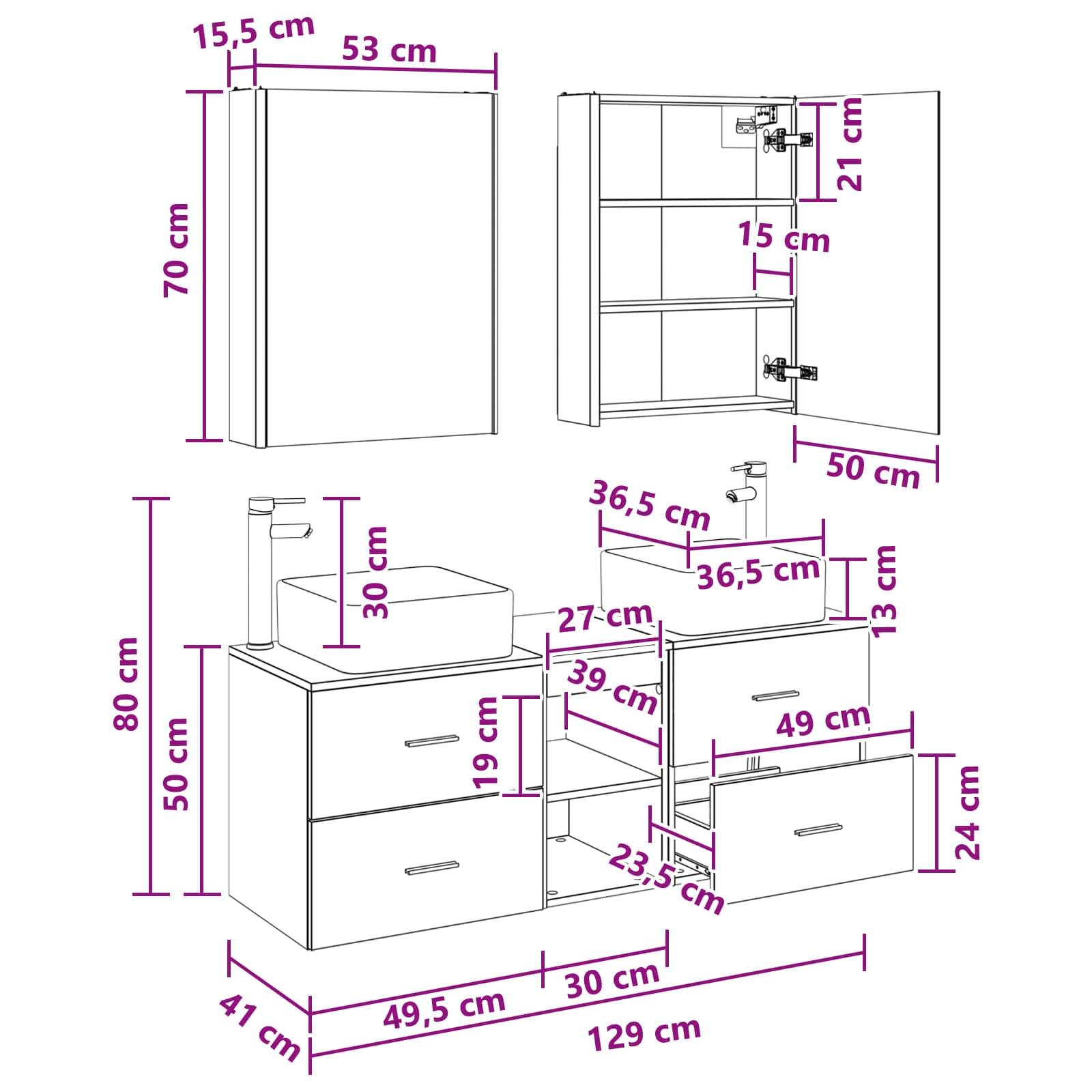 vidaXL Badezimmermöbel-Set 5 pcs Schwarze Eiche Ingenieurholz und Glas
