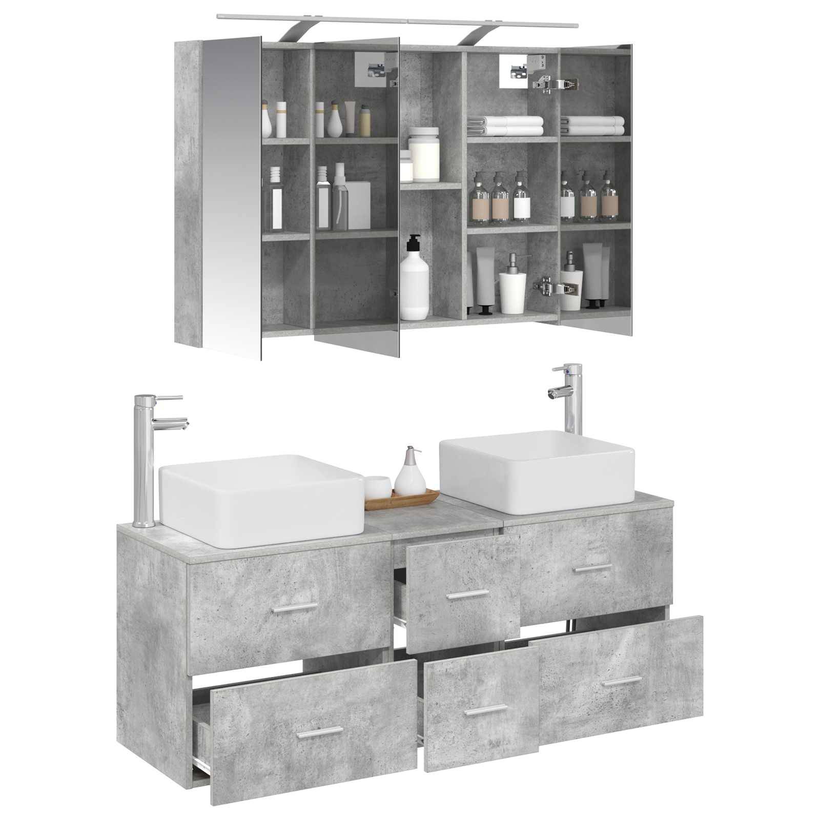 vidaXL Badezimmermöbel-Set 4 pcs Betongrau Ingenieurholz und Glas