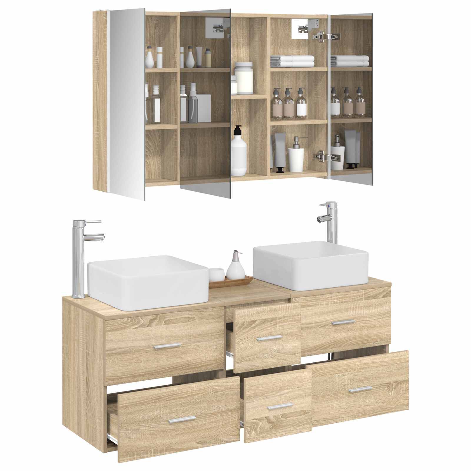 vidaXL Badezimmermöbel-Set 4 pcs Sonoma-Eiche Ingenieurholz und Glas