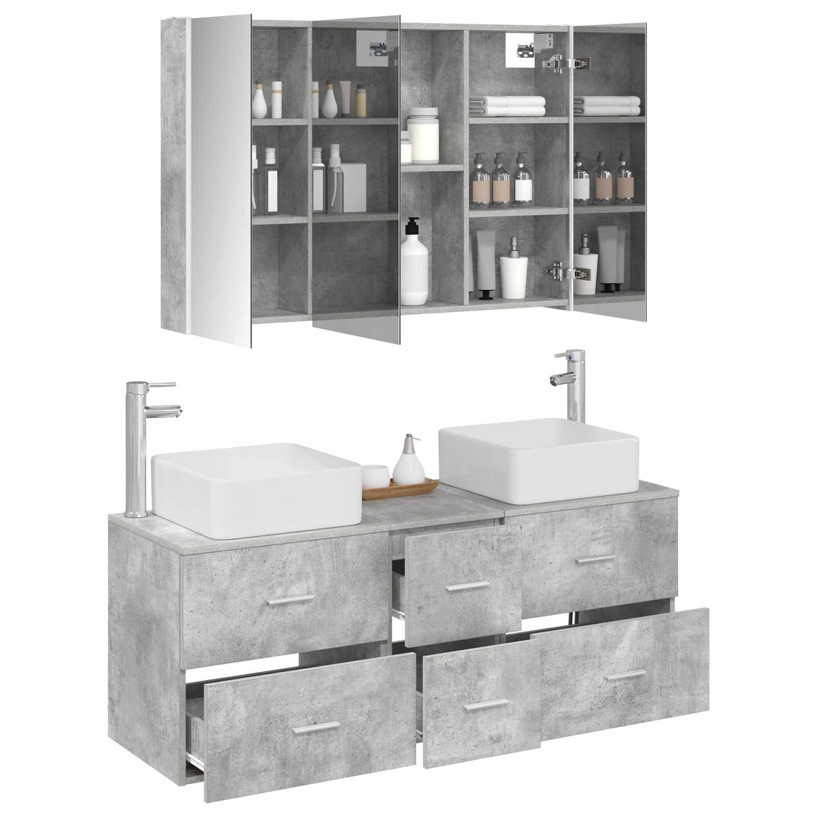 vidaXL Badezimmermöbel-Set 4 pcs Betongrau Ingenieurholz und Glas