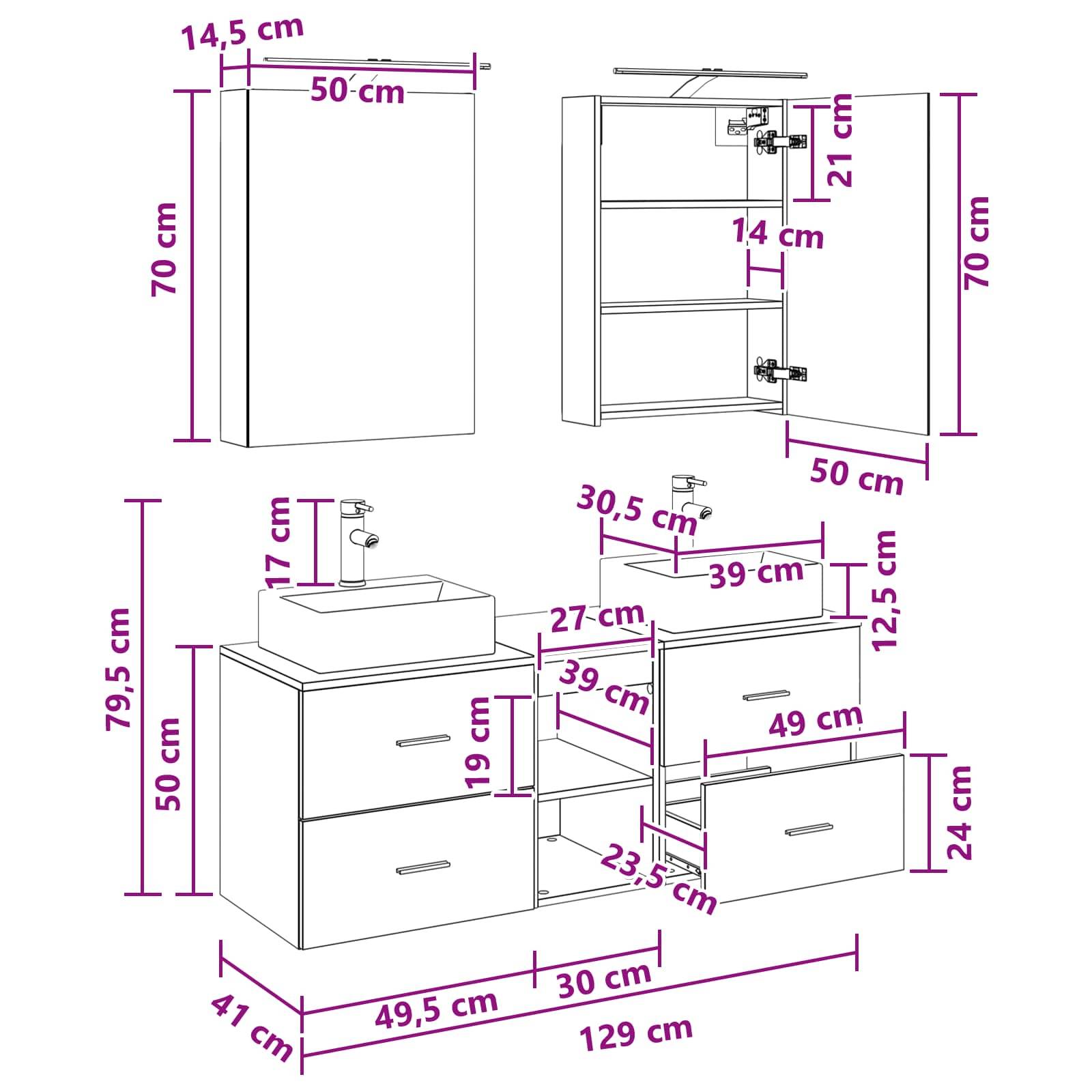 vidaXL Badezimmermöbel-Set 5 pcs Schwarze Eiche Ingenieurholz und Glas