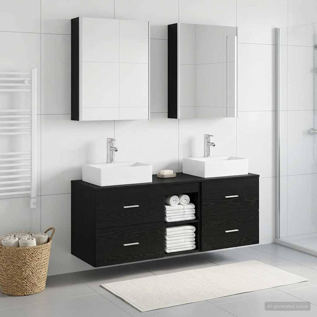 vidaXL Badezimmermöbel-Set 5 pcs Schwarze Eiche Ingenieurholz und Glas