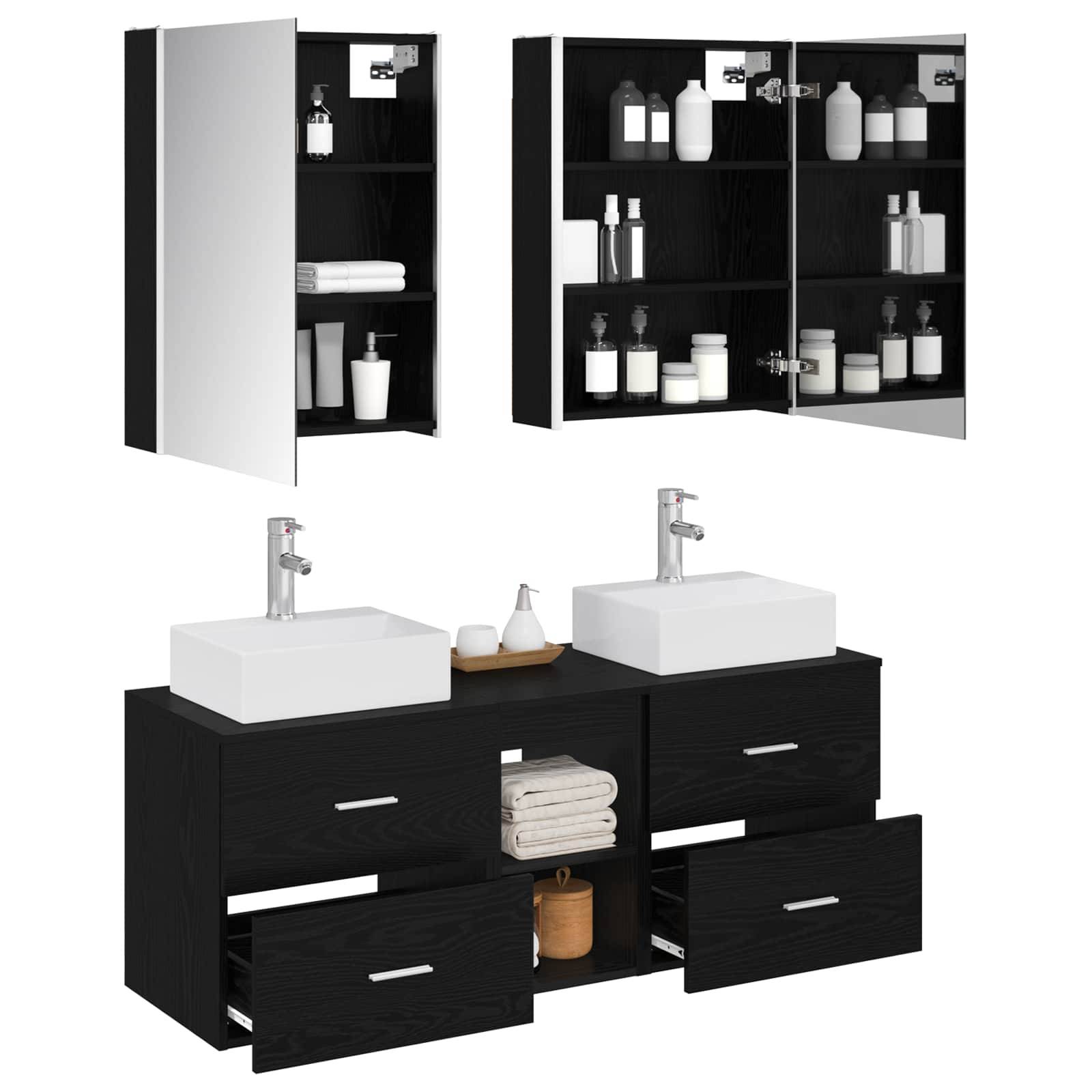 vidaXL Badezimmermöbel-Set 5 pcs Schwarze Eiche Ingenieurholz und Glas