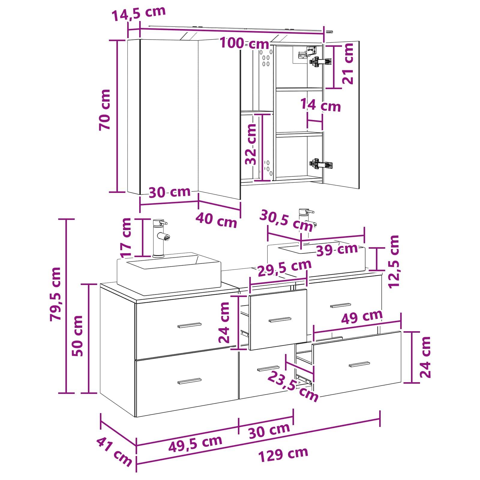 vidaXL Badezimmermöbel-Set 4 pcs Sonoma-Eiche Ingenieurholz und Glas