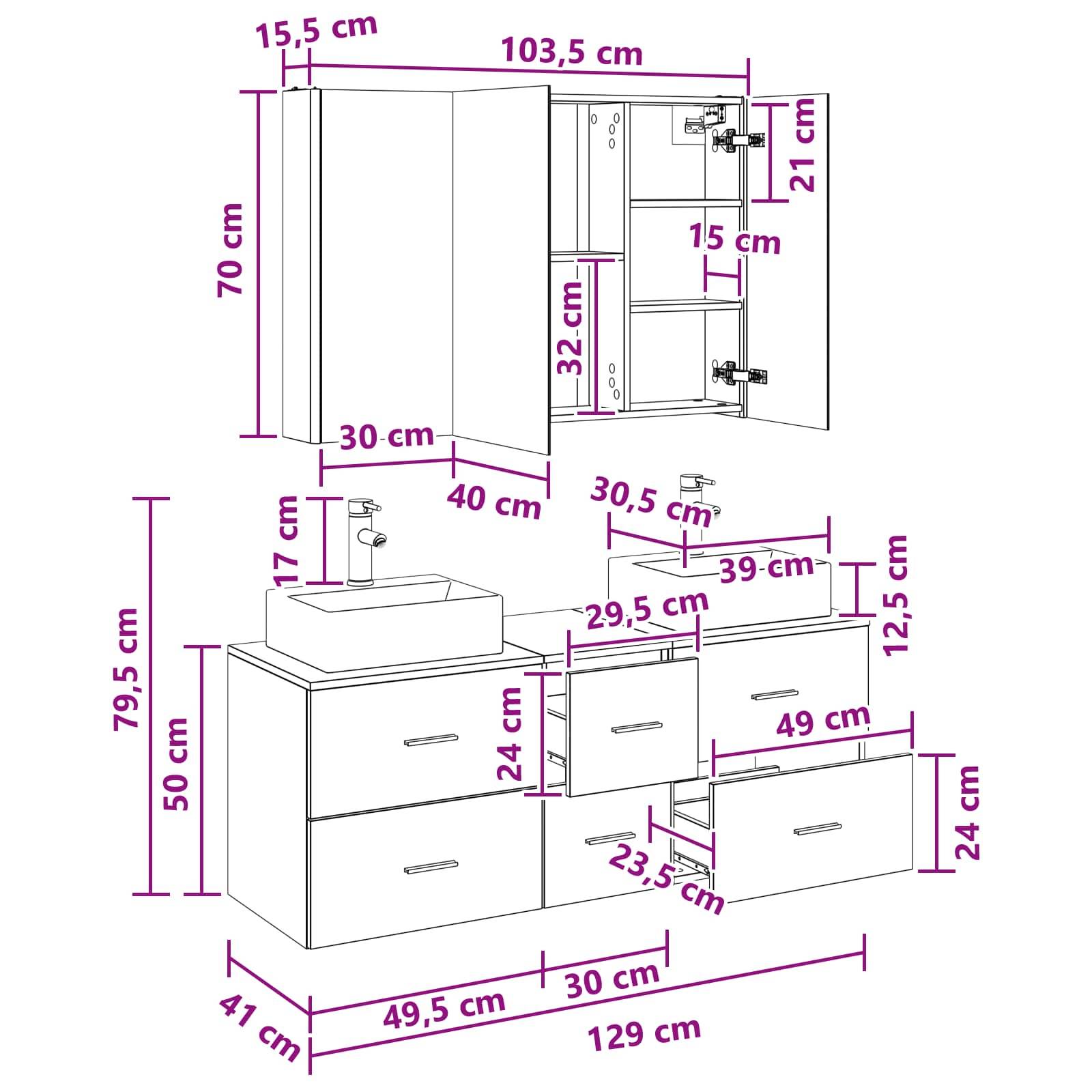 vidaXL Badezimmermöbel-Set 4 pcs Sonoma-Eiche Ingenieurholz und Glas