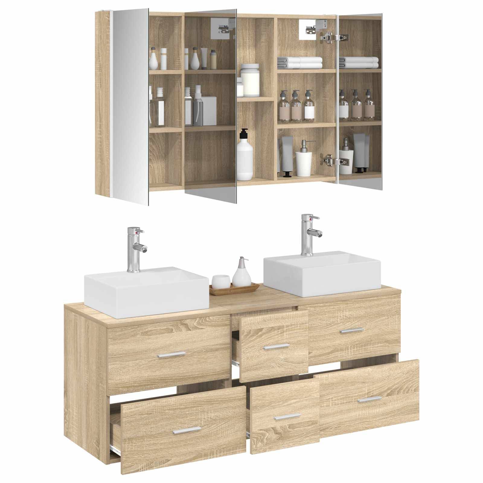 vidaXL Badezimmermöbel-Set 4 pcs Sonoma-Eiche Ingenieurholz und Glas