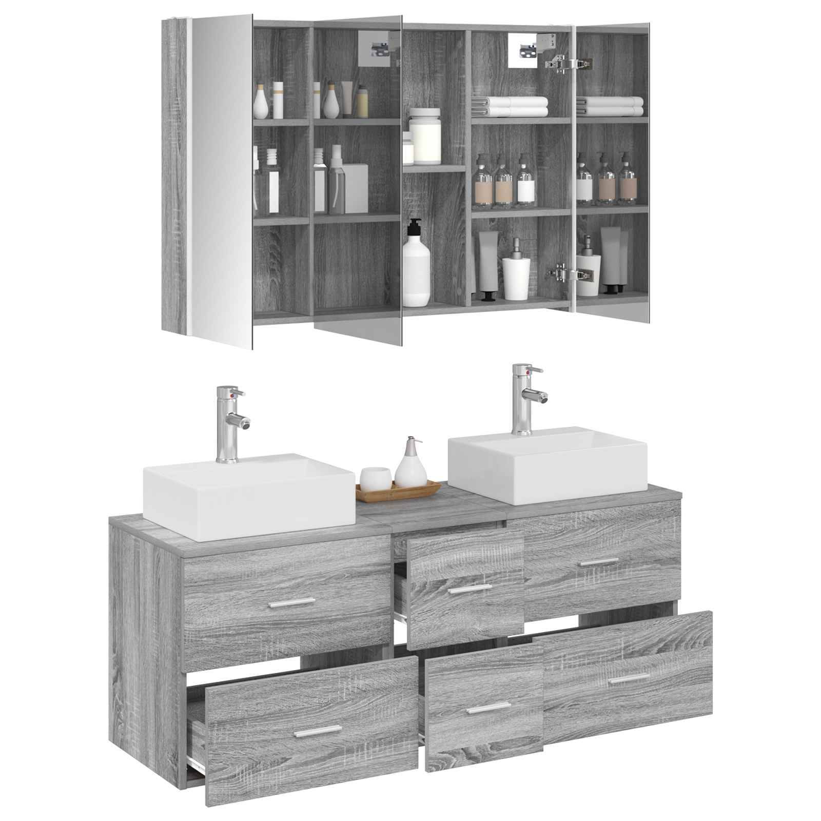 vidaXL Badezimmermöbel-Set 4 pcs Grau Sonoma Ingenieurholz und Glas