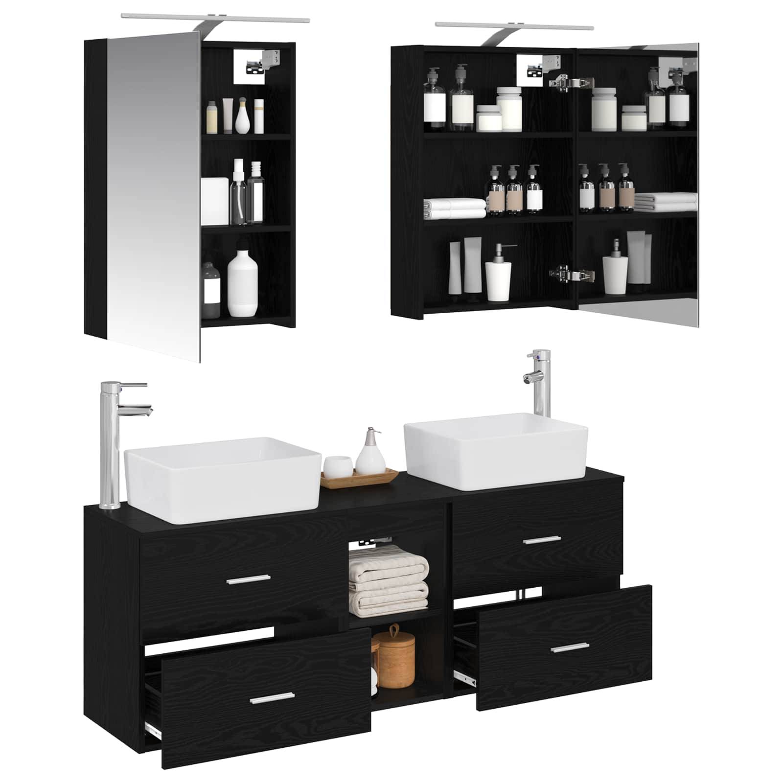 vidaXL Badezimmermöbel-Set 5 pcs Schwarze Eiche Ingenieurholz und Glas