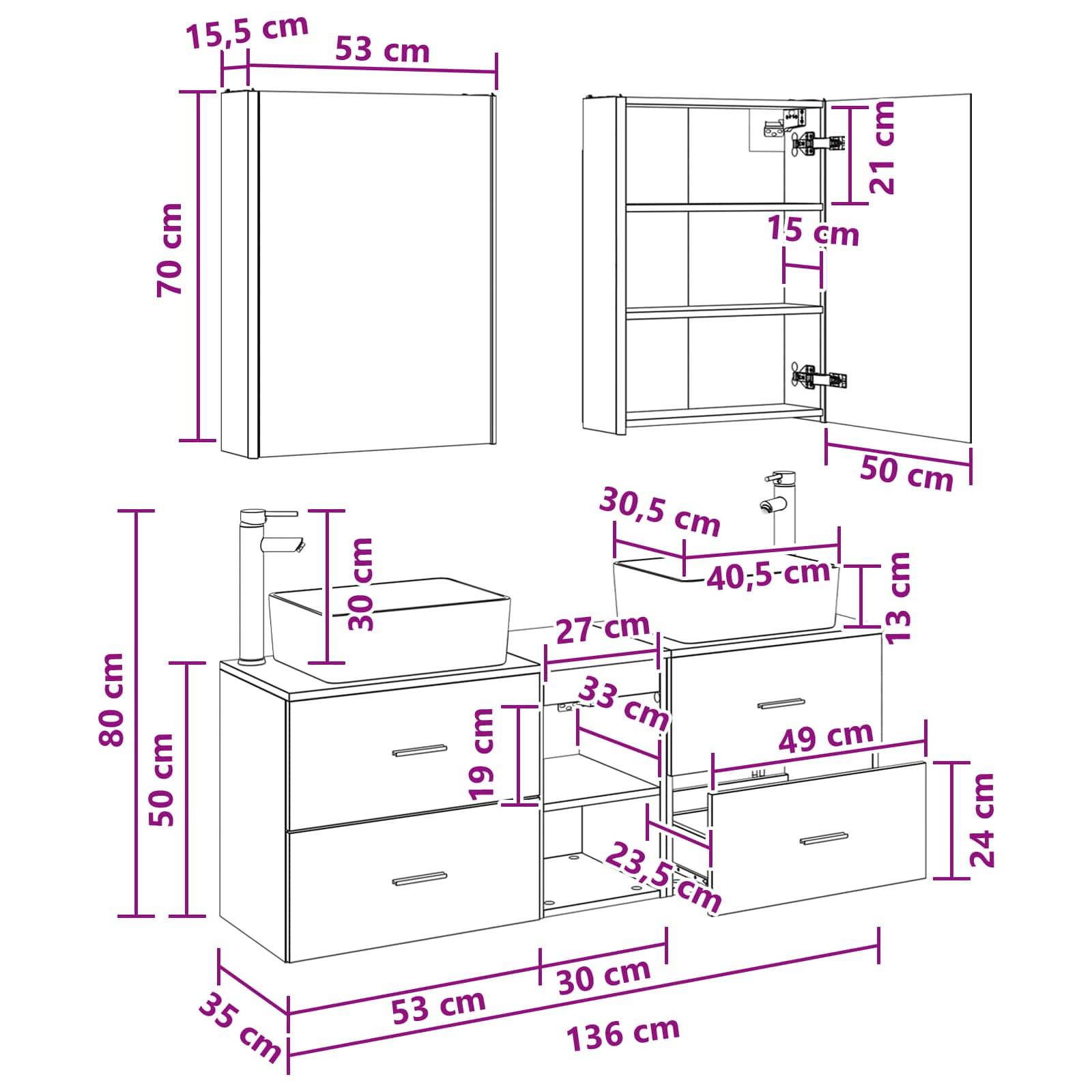 vidaXL Badezimmermöbel-Set 5 pcs Schwarze Eiche Ingenieurholz und Glas
