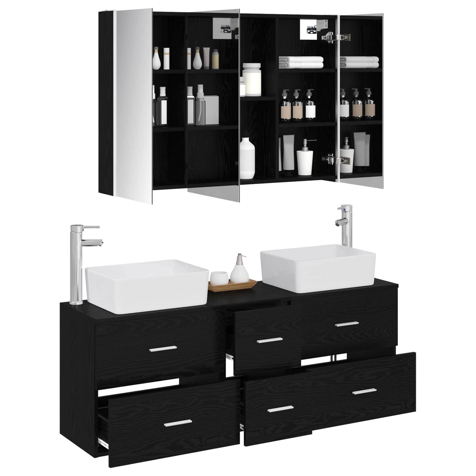 vidaXL Badezimmermöbel-Set 4 pcs Schwarze Eiche Ingenieurholz und Glas