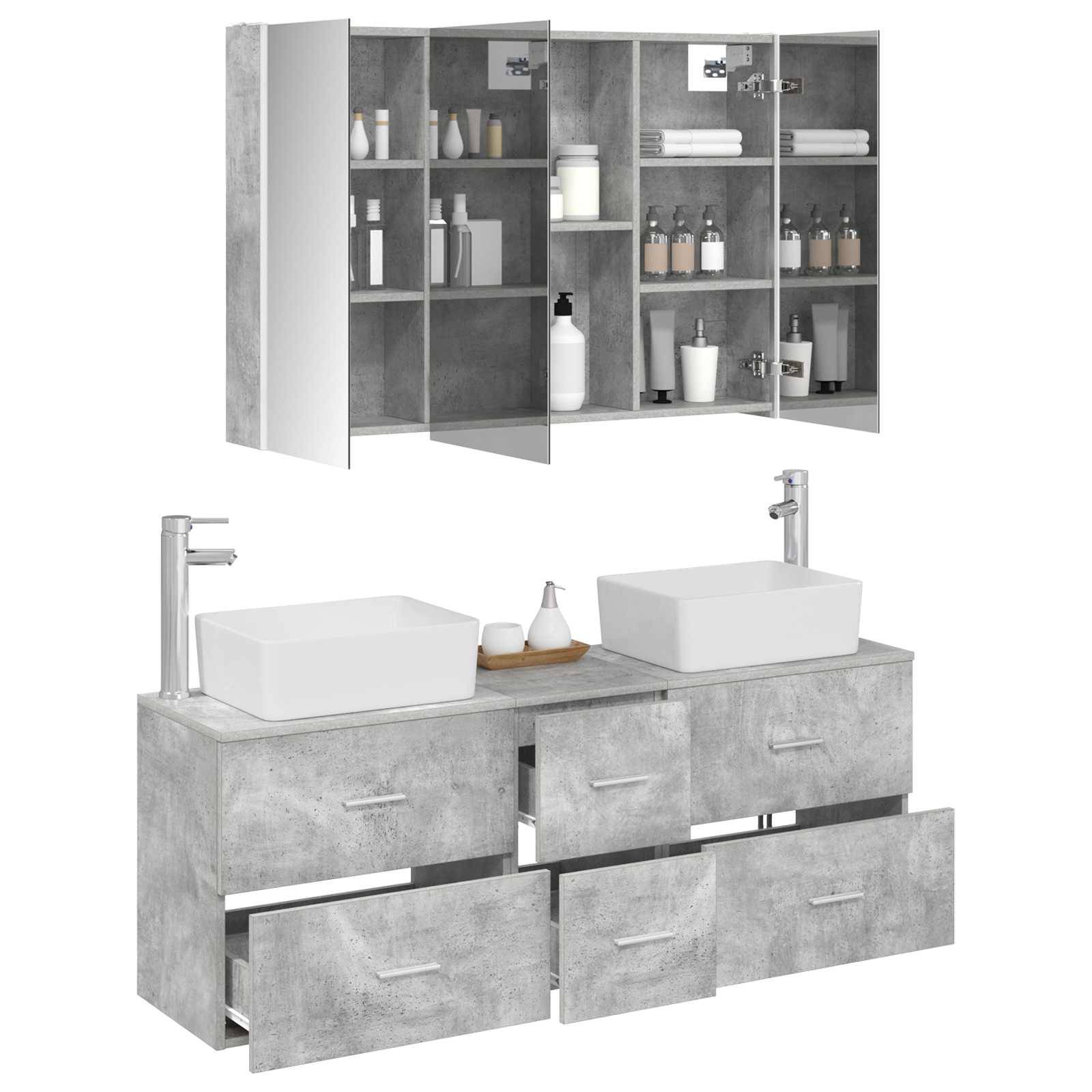 vidaXL Badezimmermöbel-Set 4 pcs Betongrau Ingenieurholz und Glas