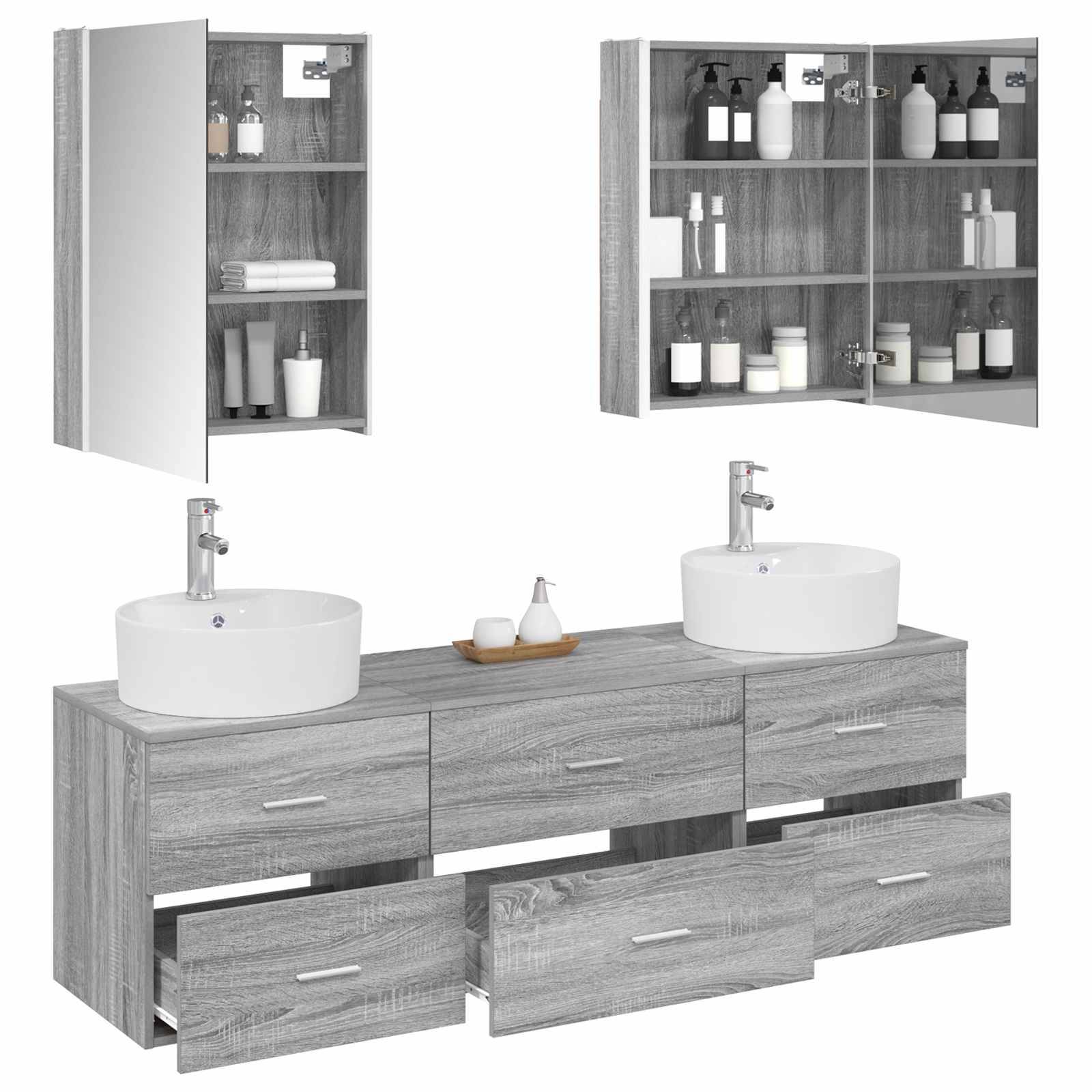 vidaXL Badezimmermöbel-Set 5 pcs Grau Sonoma Ingenieurholz und Glas
