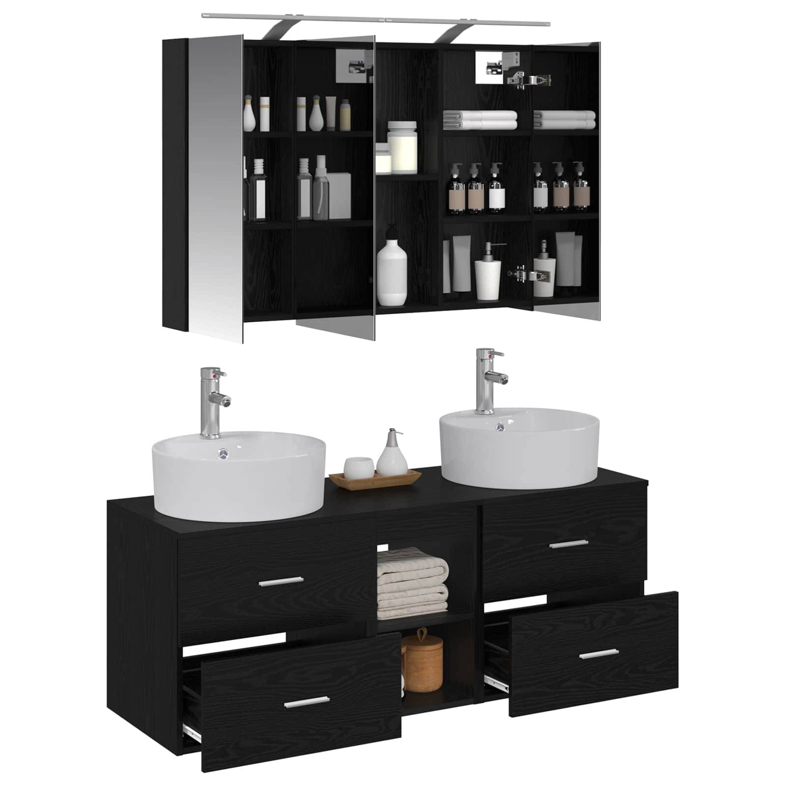 vidaXL Badezimmermöbel-Set 4 pcs Schwarze Eiche Ingenieurholz und Glas