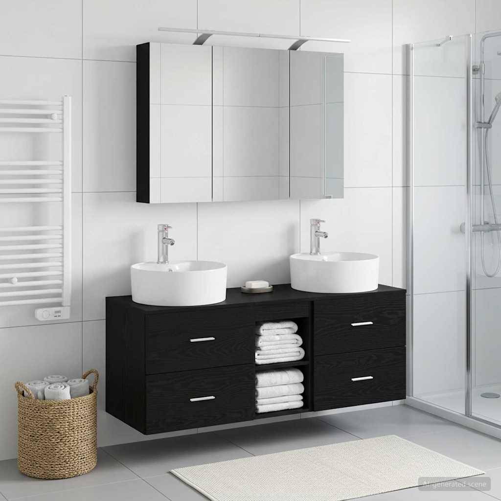 vidaXL Badezimmermöbel-Set 4 pcs Schwarze Eiche Ingenieurholz und Glas