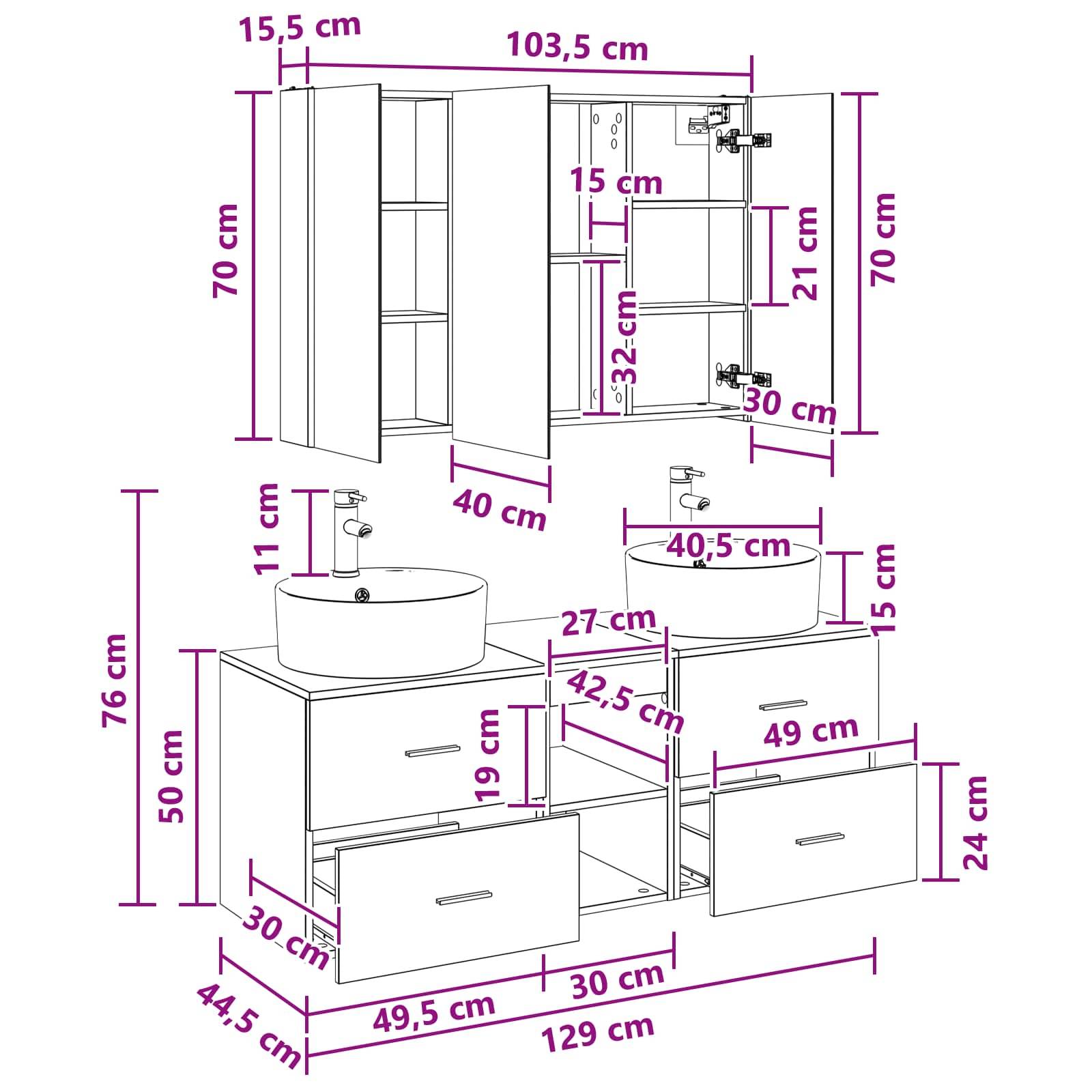vidaXL Badezimmermöbel-Set 4 pcs Betongrau Ingenieurholz und Glas