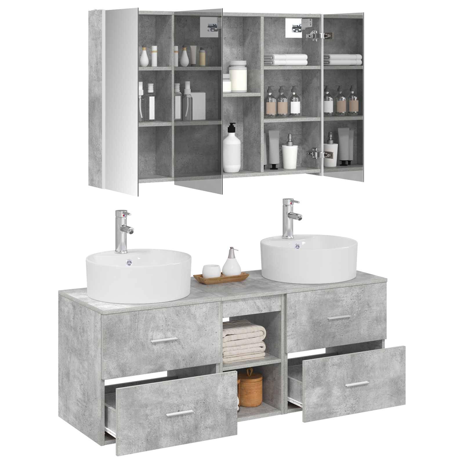 vidaXL Badezimmermöbel-Set 4 pcs Betongrau Ingenieurholz und Glas