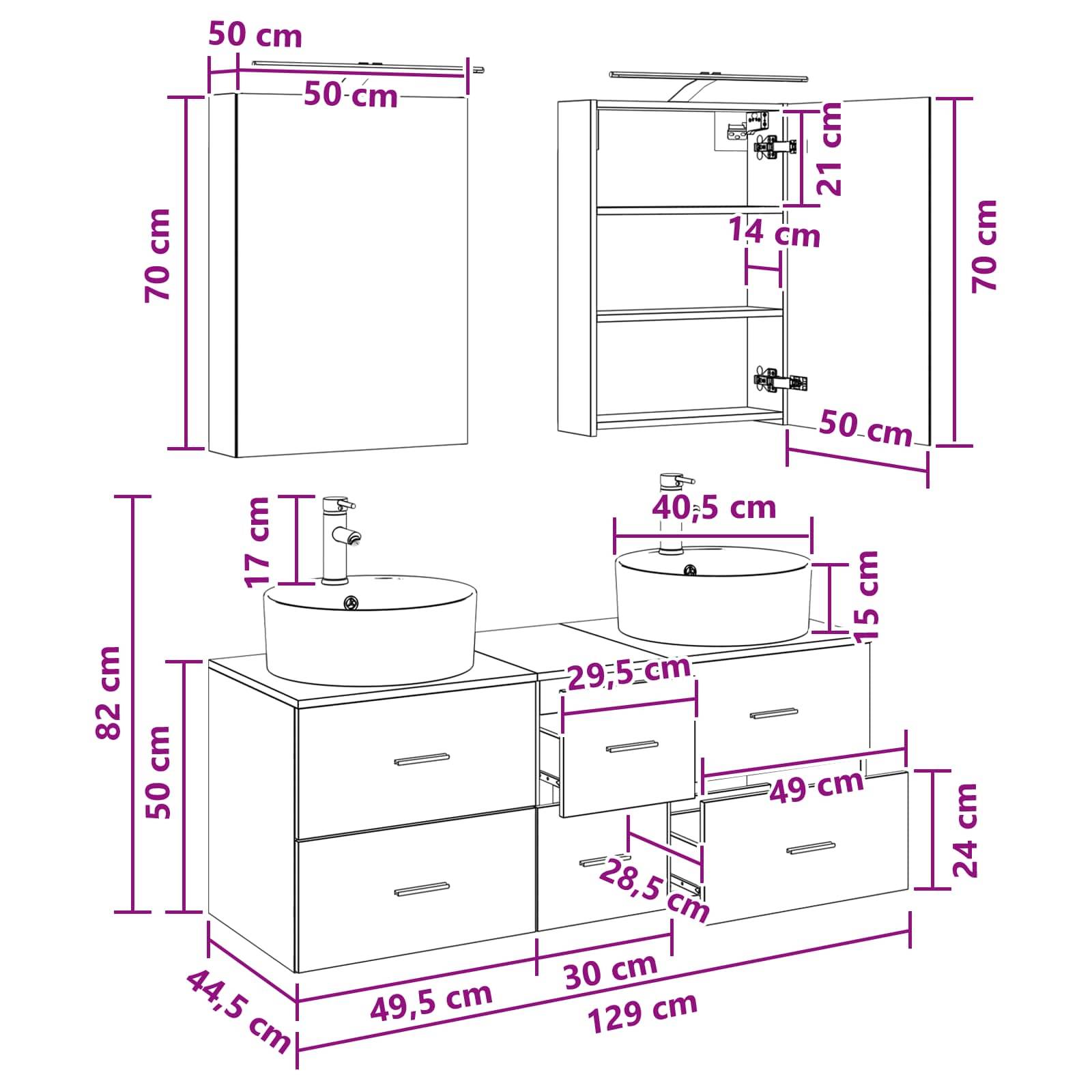 vidaXL Badezimmermöbel-Set 5 pcs Schwarze Eiche Ingenieurholz und Glas