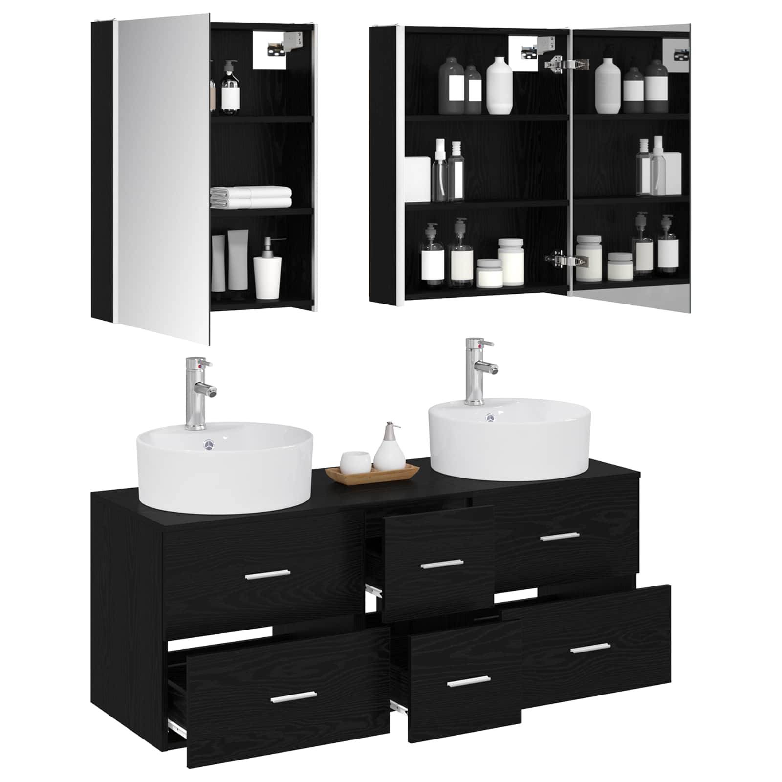 vidaXL Badezimmermöbel-Set 5 pcs Schwarze Eiche Ingenieurholz und Glas