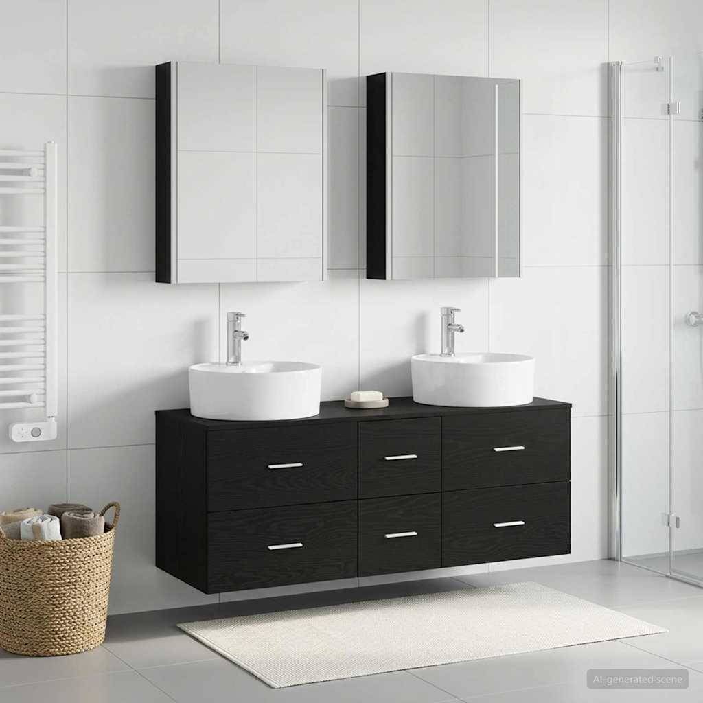 vidaXL Badezimmermöbel-Set 5 pcs Schwarze Eiche Ingenieurholz und Glas