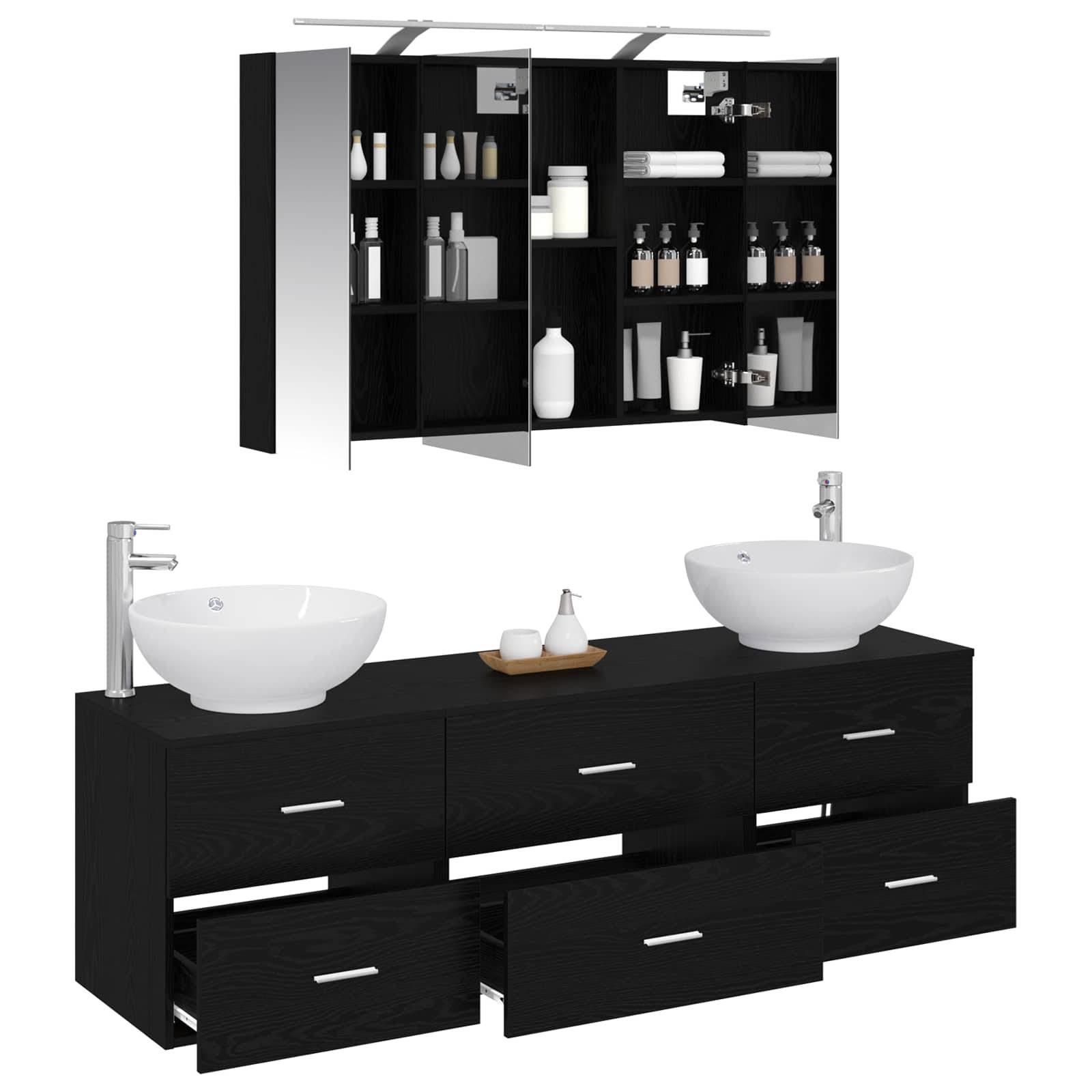 vidaXL Badezimmermöbel-Set 4 pcs Schwarze Eiche Ingenieurholz und Glas