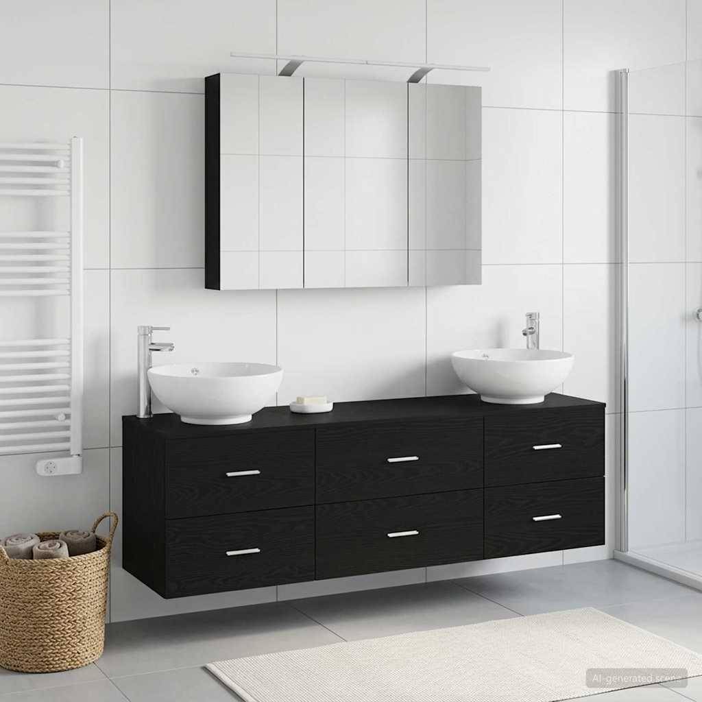 vidaXL Badezimmermöbel-Set 4 pcs Schwarze Eiche Ingenieurholz und Glas
