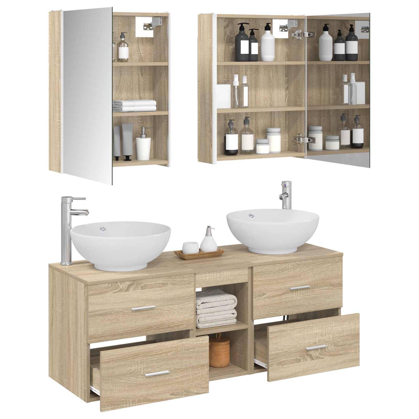 vidaXL Badezimmermöbel-Set 5 pcs Sonoma-Eiche Ingenieurholz und Glas