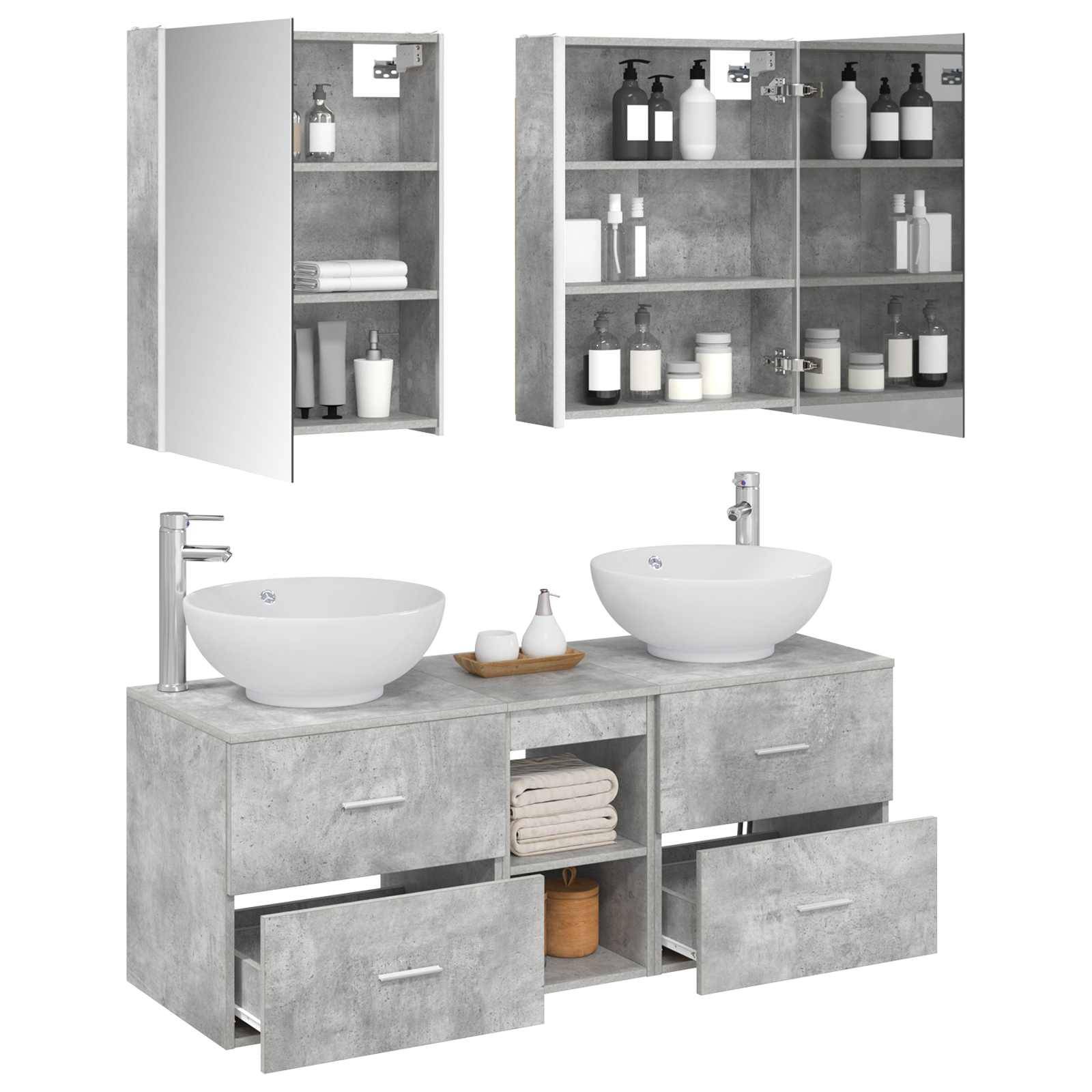 vidaXL Badezimmermöbel-Set 5 pcs Betongrau Ingenieurholz und Glas