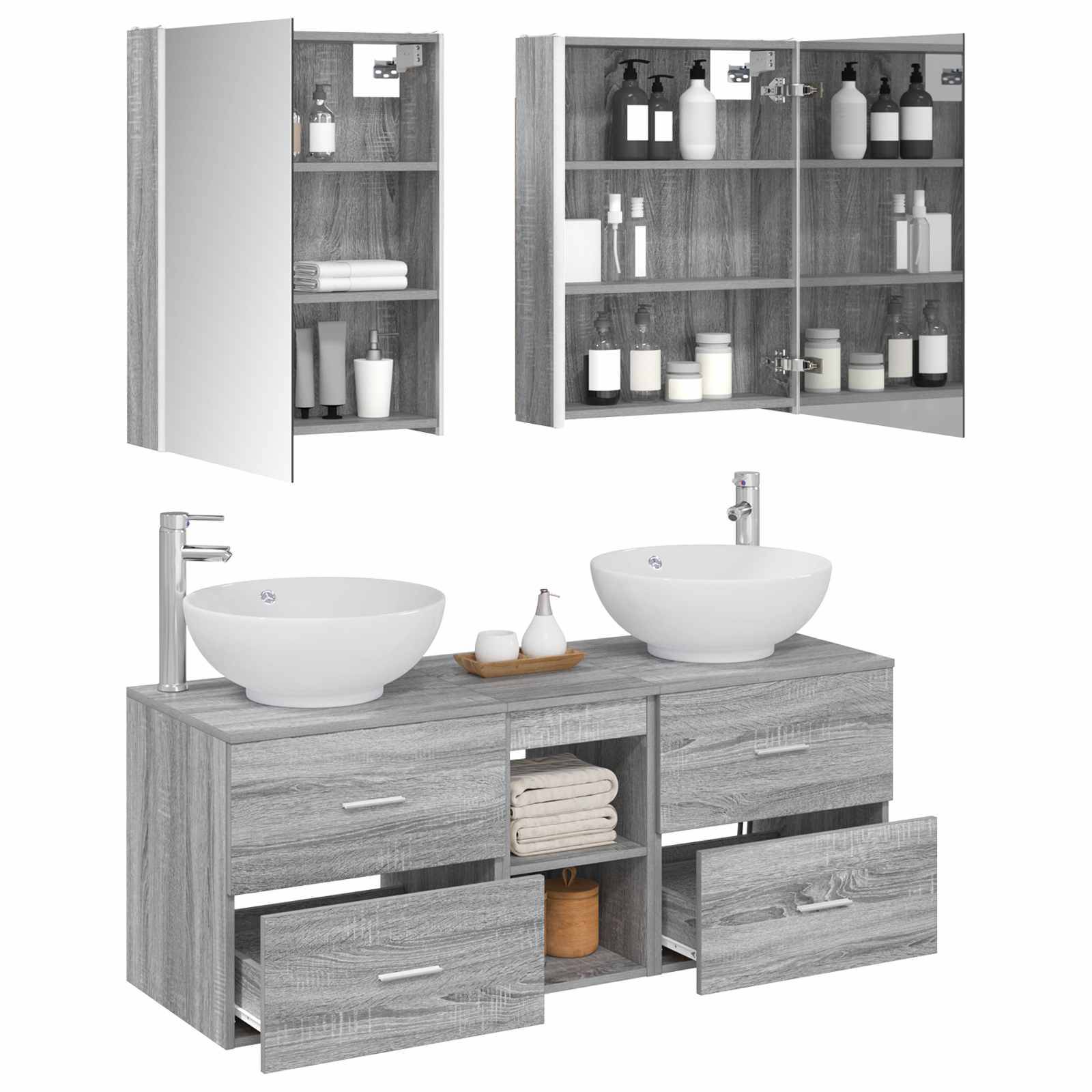 vidaXL Badezimmermöbel-Set 5 pcs Grau Sonoma Ingenieurholz und Glas