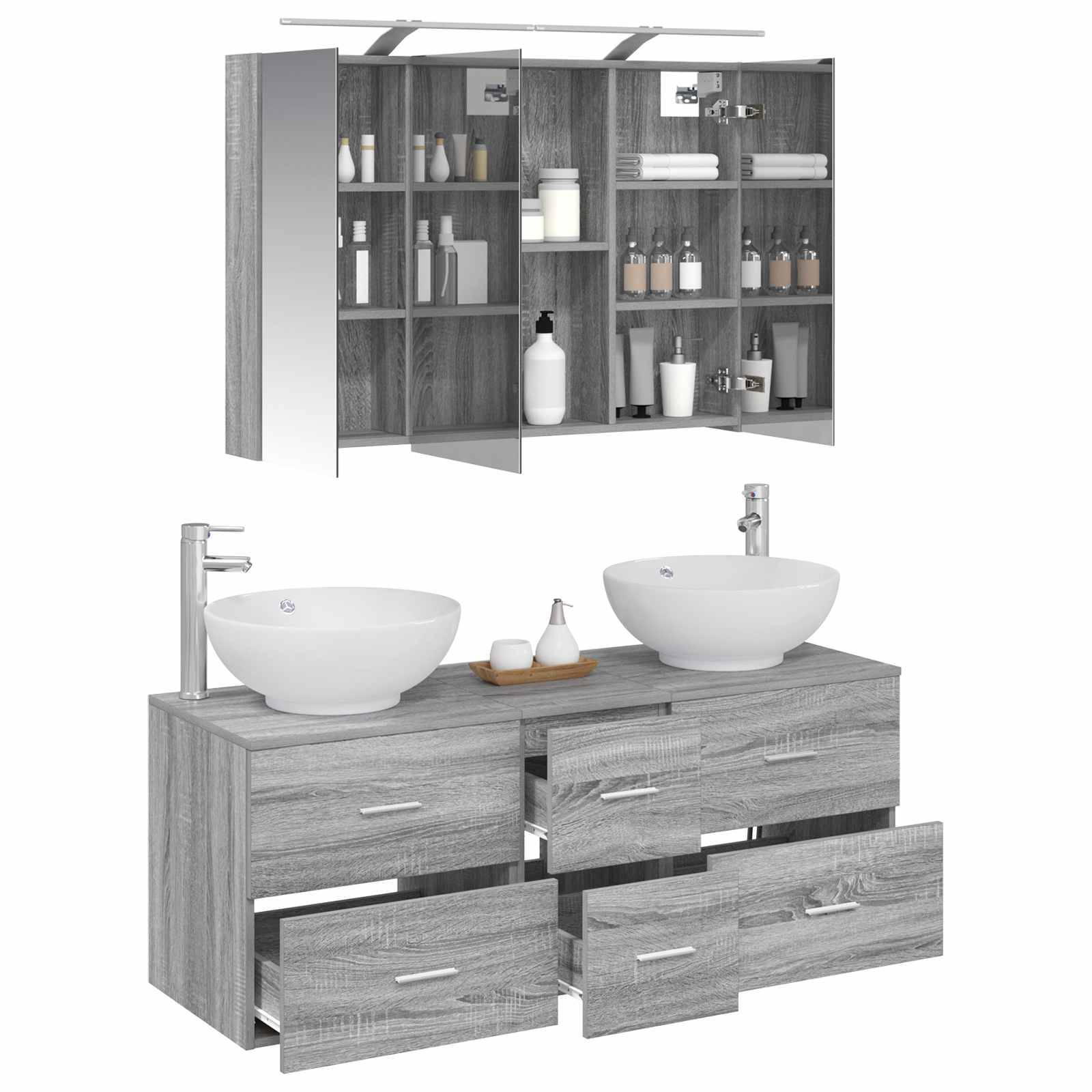 vidaXL Badezimmermöbel-Set 4 pcs Grau Sonoma Ingenieurholz und Glas