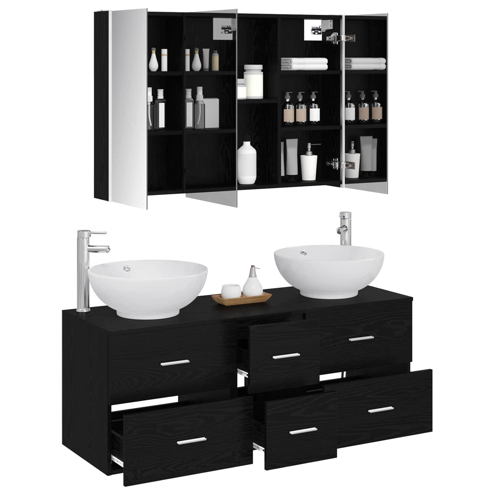 vidaXL Badezimmermöbel-Set 4 pcs Schwarze Eiche Ingenieurholz und Glas