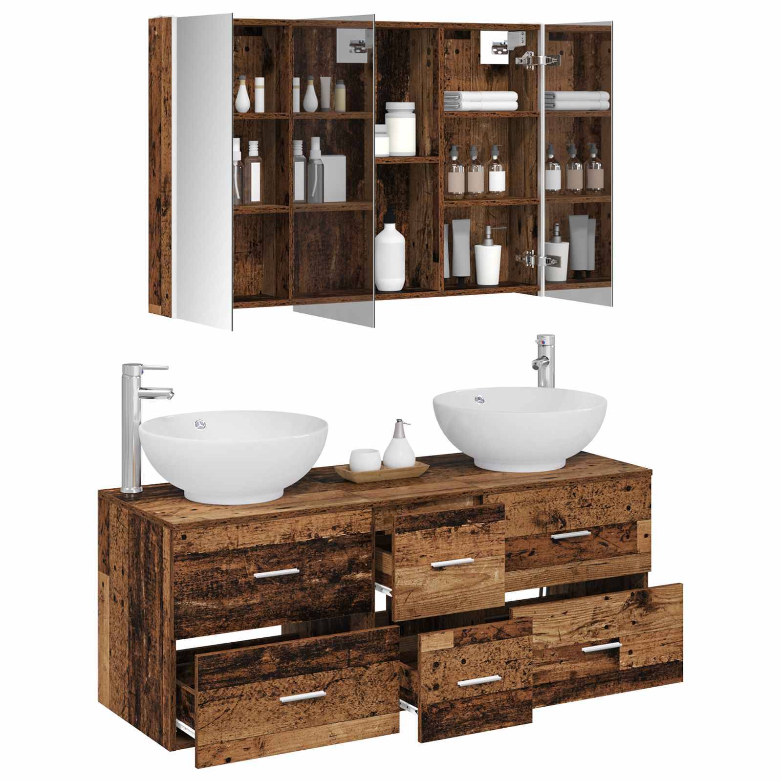 vidaXL Badezimmermöbel-Set 4 pcs Altholz Ingenieurholz und Glas